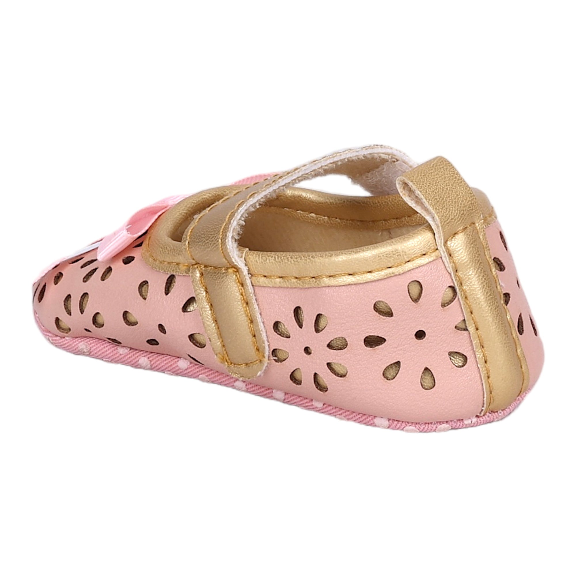 Baby Moo Flower Cut-Out Bow Velcro Strap Anti-Skid Ballerina Booties - Pink