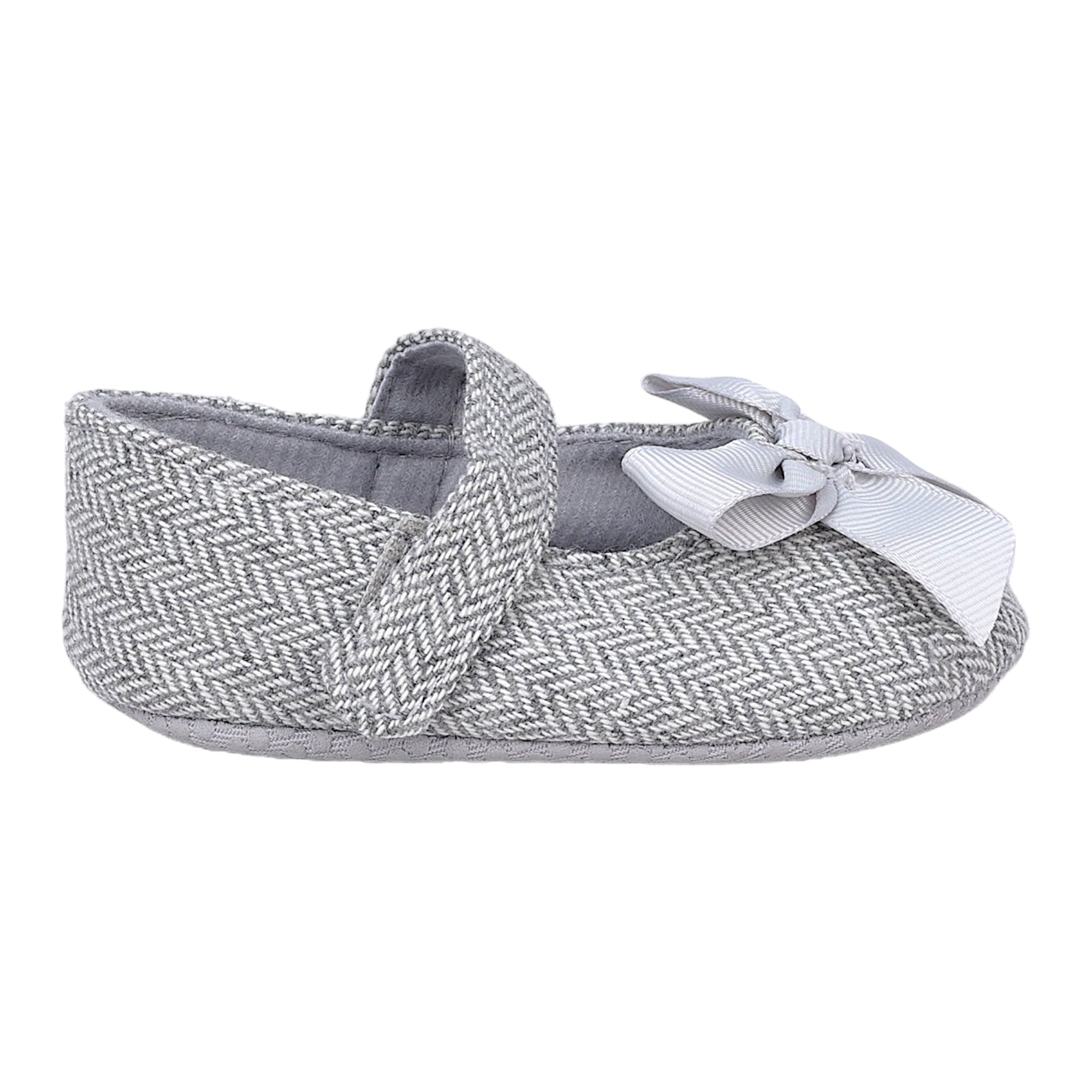 Baby Moo Bow Knot Velcro Strap Anti-Skid Patterned Ballerina Booties - Grey