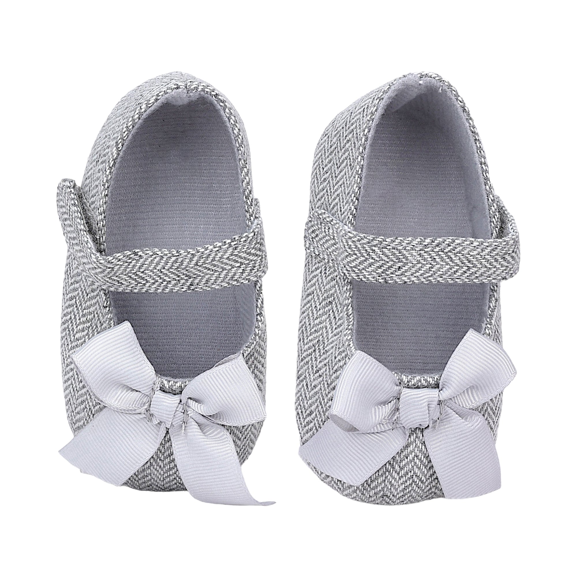 Baby Moo Bow Knot Velcro Strap Anti-Skid Patterned Ballerina Booties - Grey