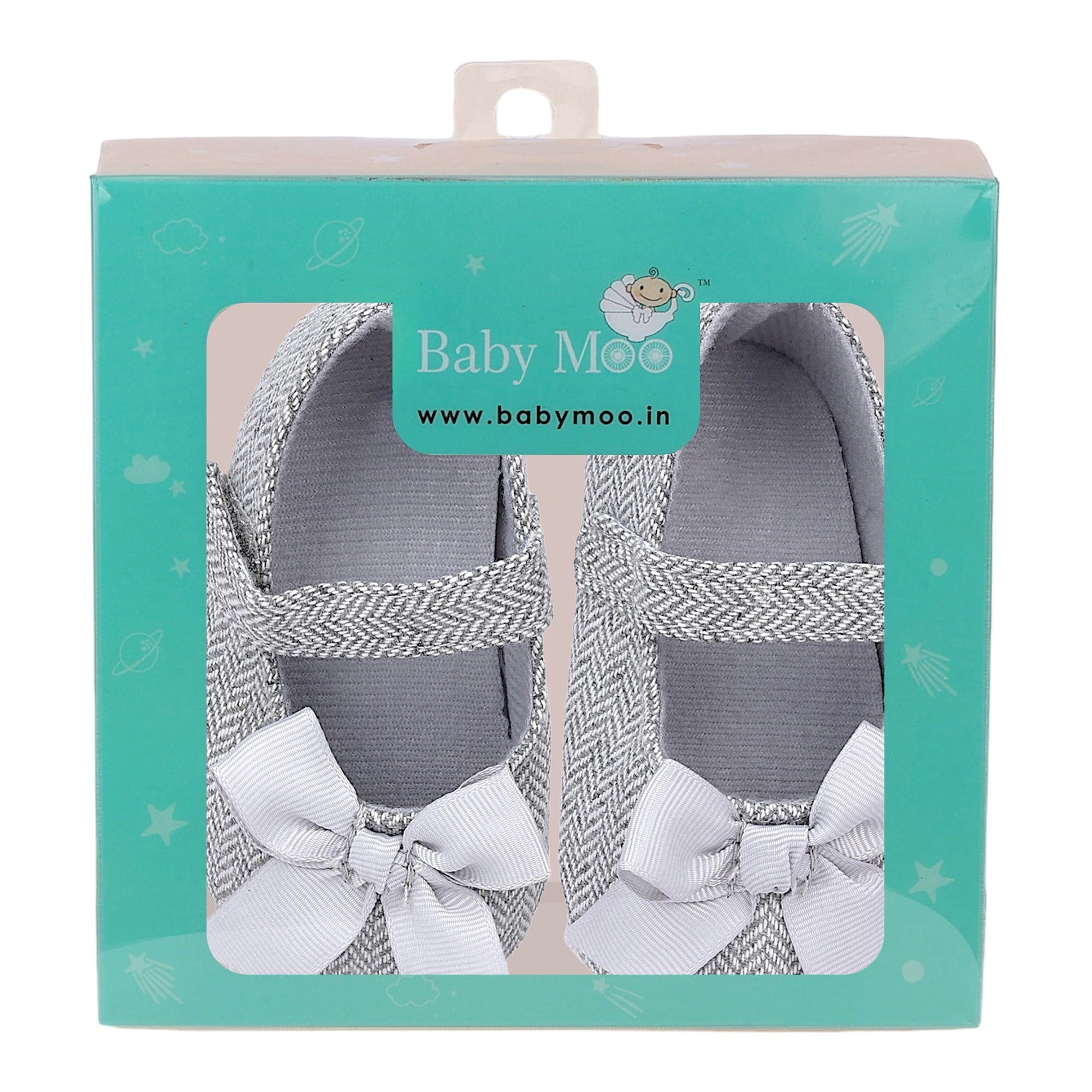 Baby Moo Bow Knot Velcro Strap Anti-Skid Patterned Ballerina Booties - Grey