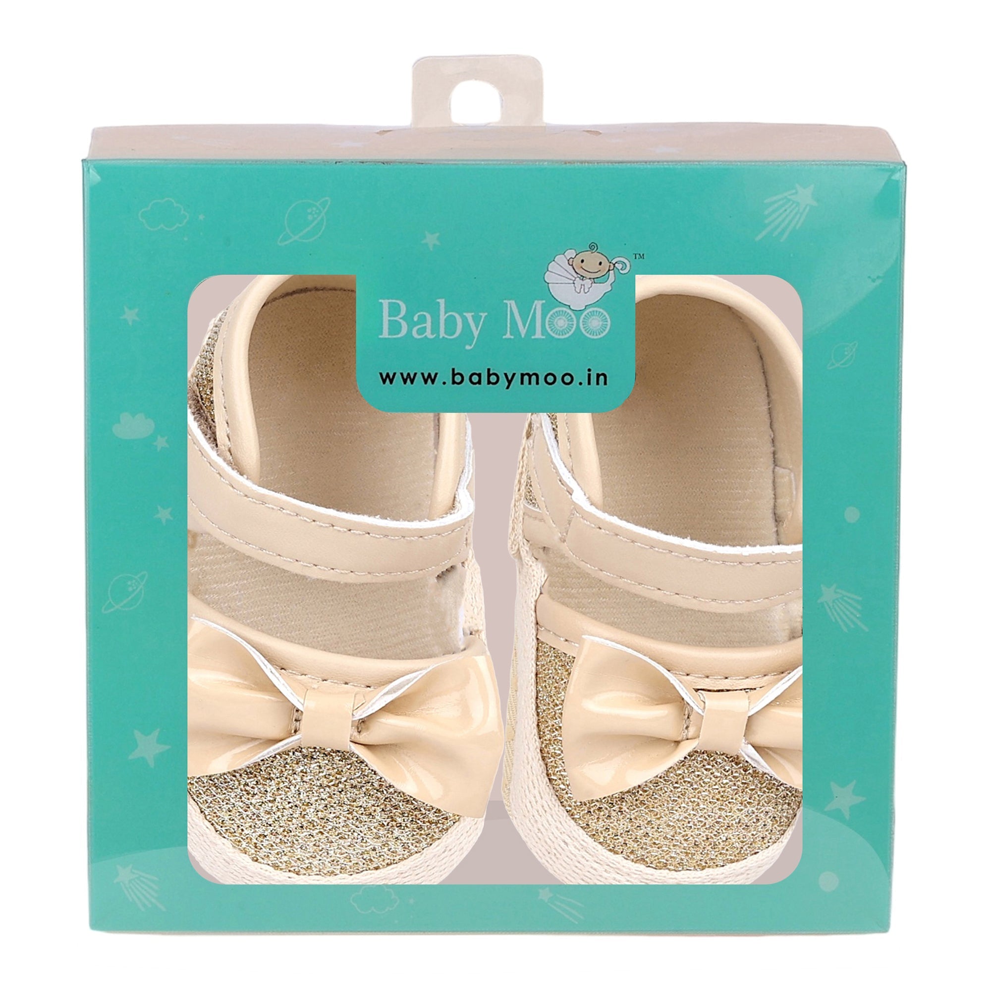 Baby Moo Glittery Partywear Bow Velcro Strap Anti-Skid Booties - Beige