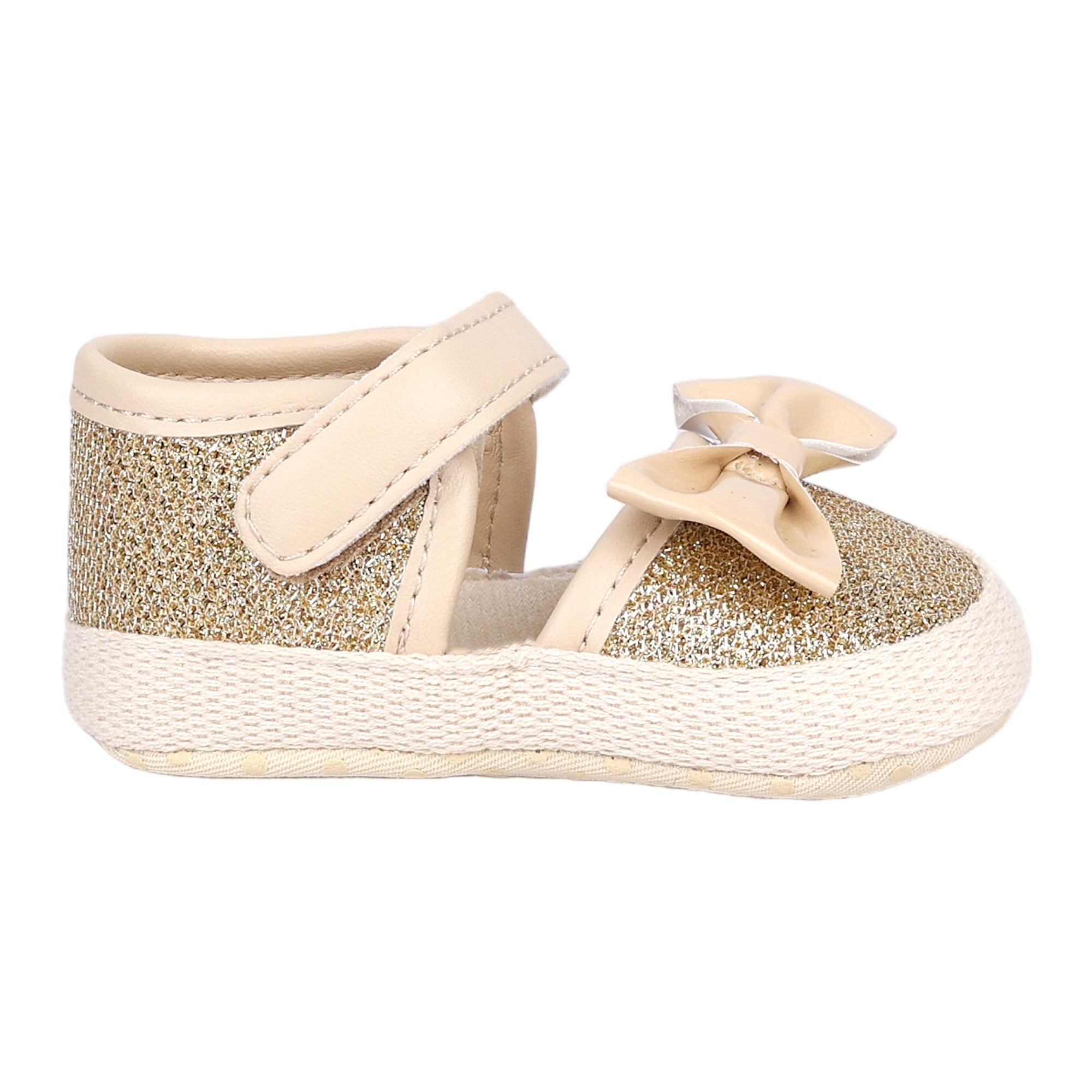 Baby Moo Glittery Partywear Bow Velcro Strap Anti-Skid Booties - Beige