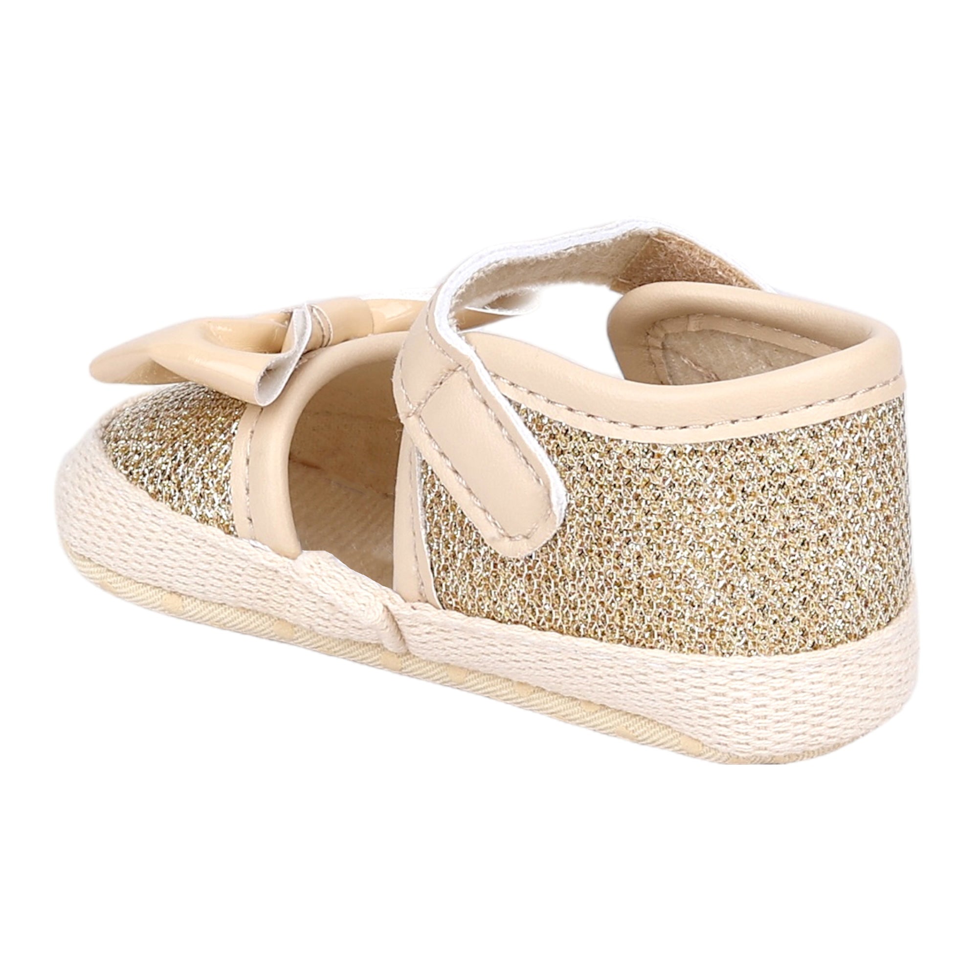 Baby Moo Glittery Partywear Bow Velcro Strap Anti-Skid Booties - Beige