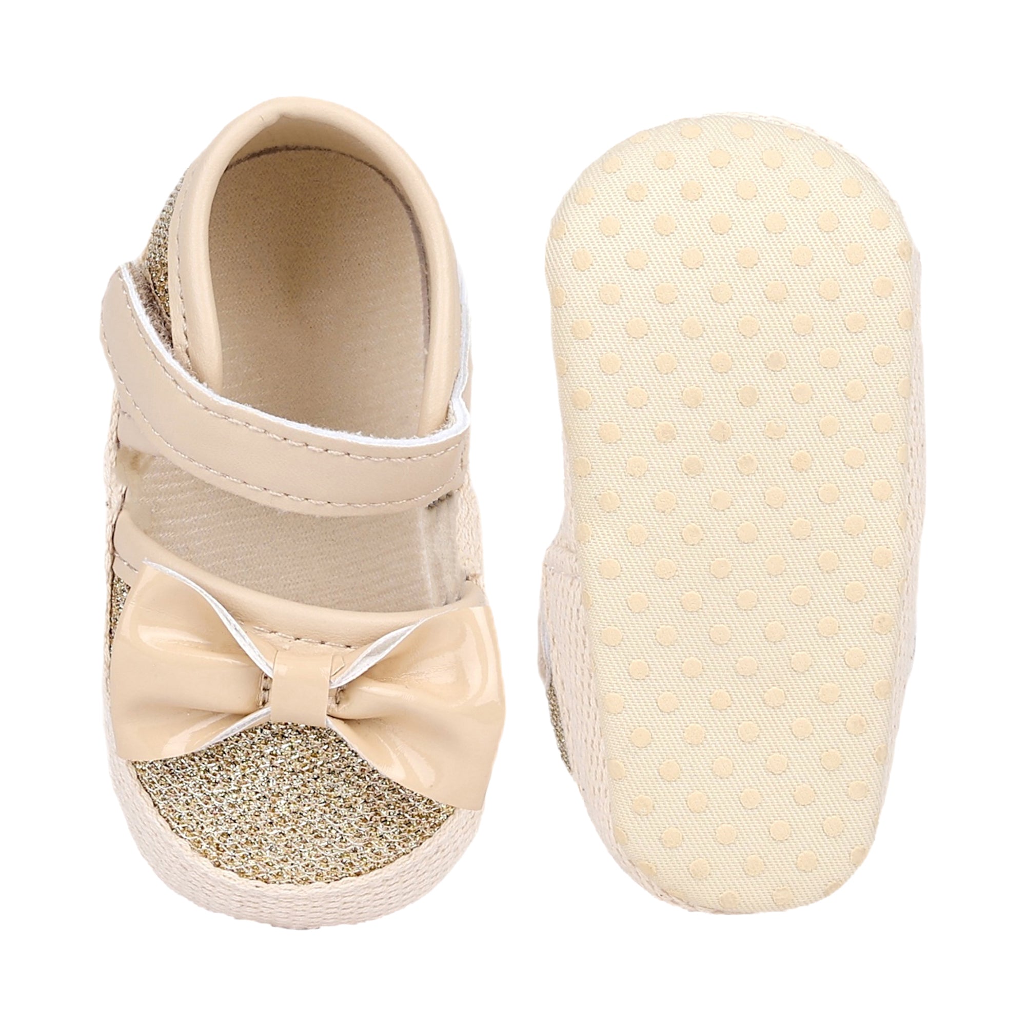 Baby Moo Glittery Partywear Bow Velcro Strap Anti-Skid Booties - Beige