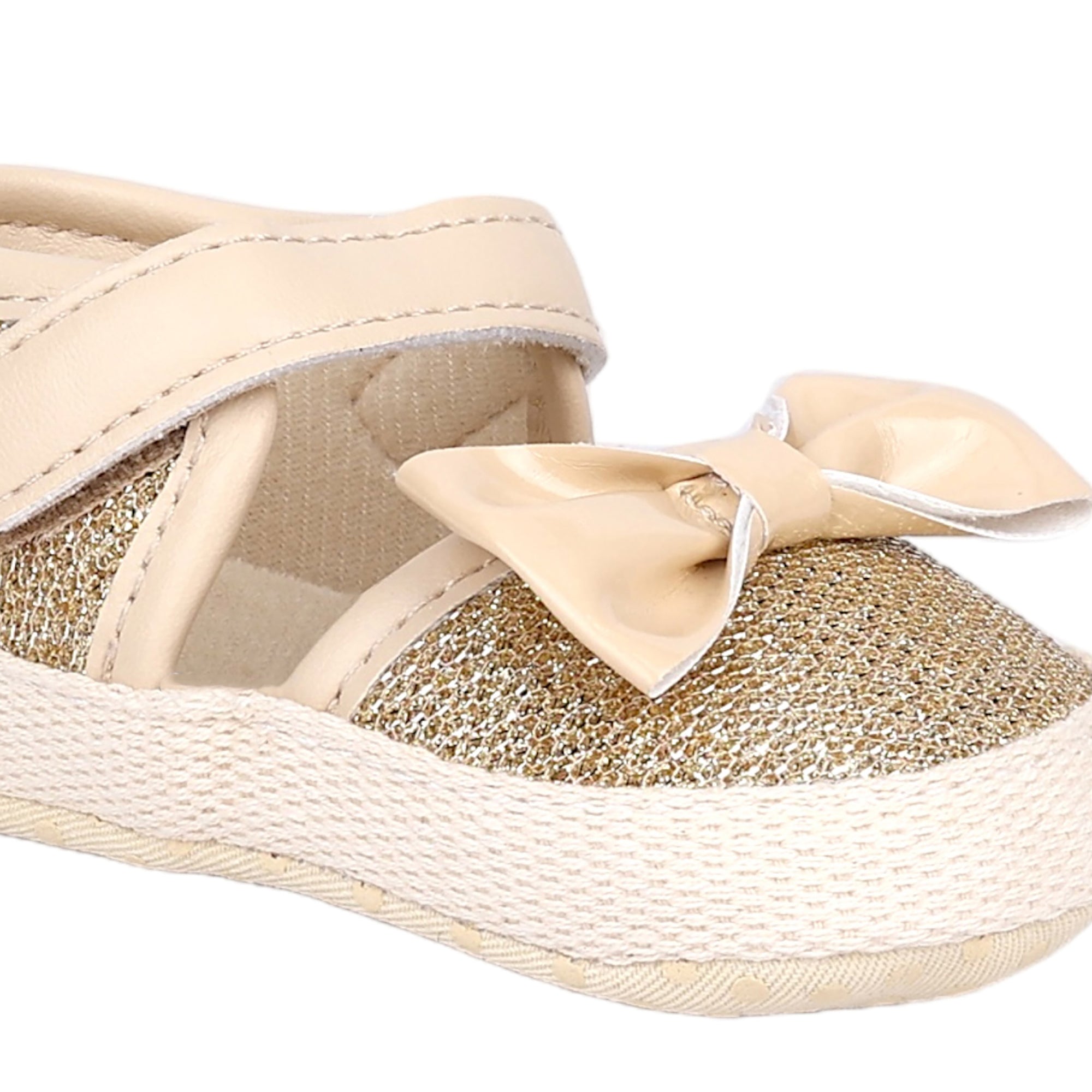 Baby Moo Glittery Partywear Bow Velcro Strap Anti-Skid Booties - Beige