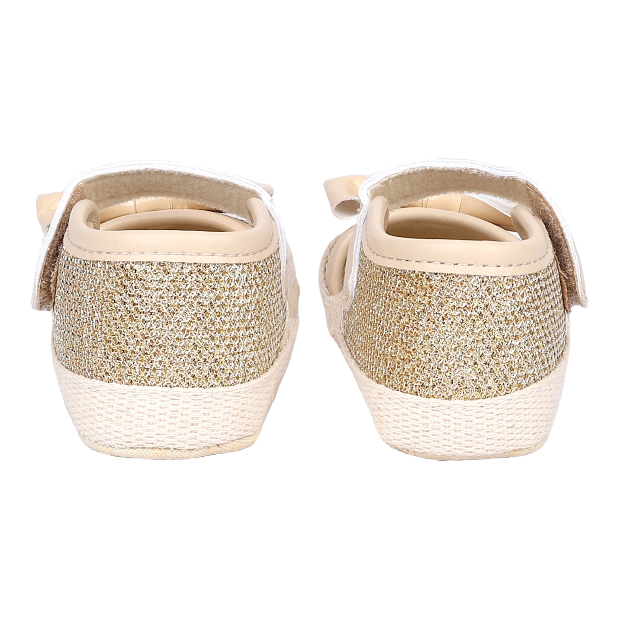 Baby Moo Glittery Partywear Bow Velcro Strap Anti-Skid Booties - Beige