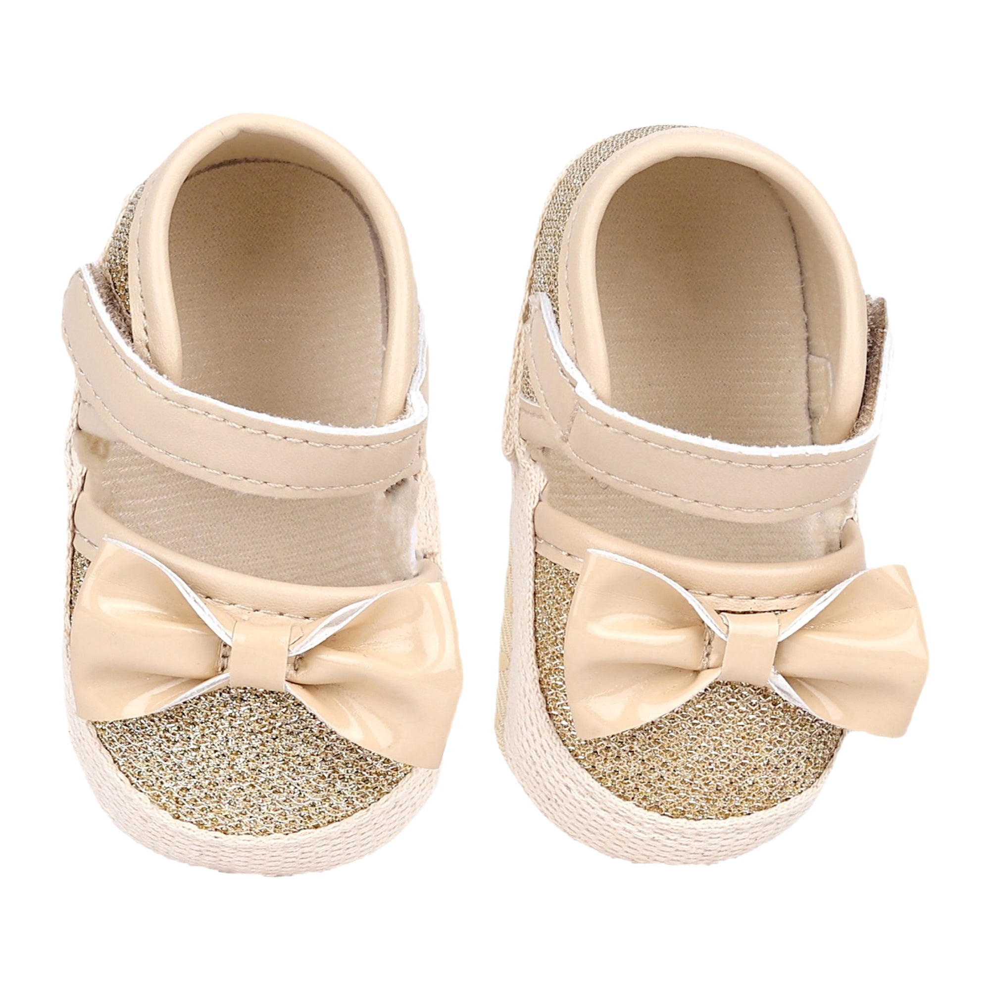 Baby Moo Glittery Partywear Bow Velcro Strap Anti-Skid Booties - Beige