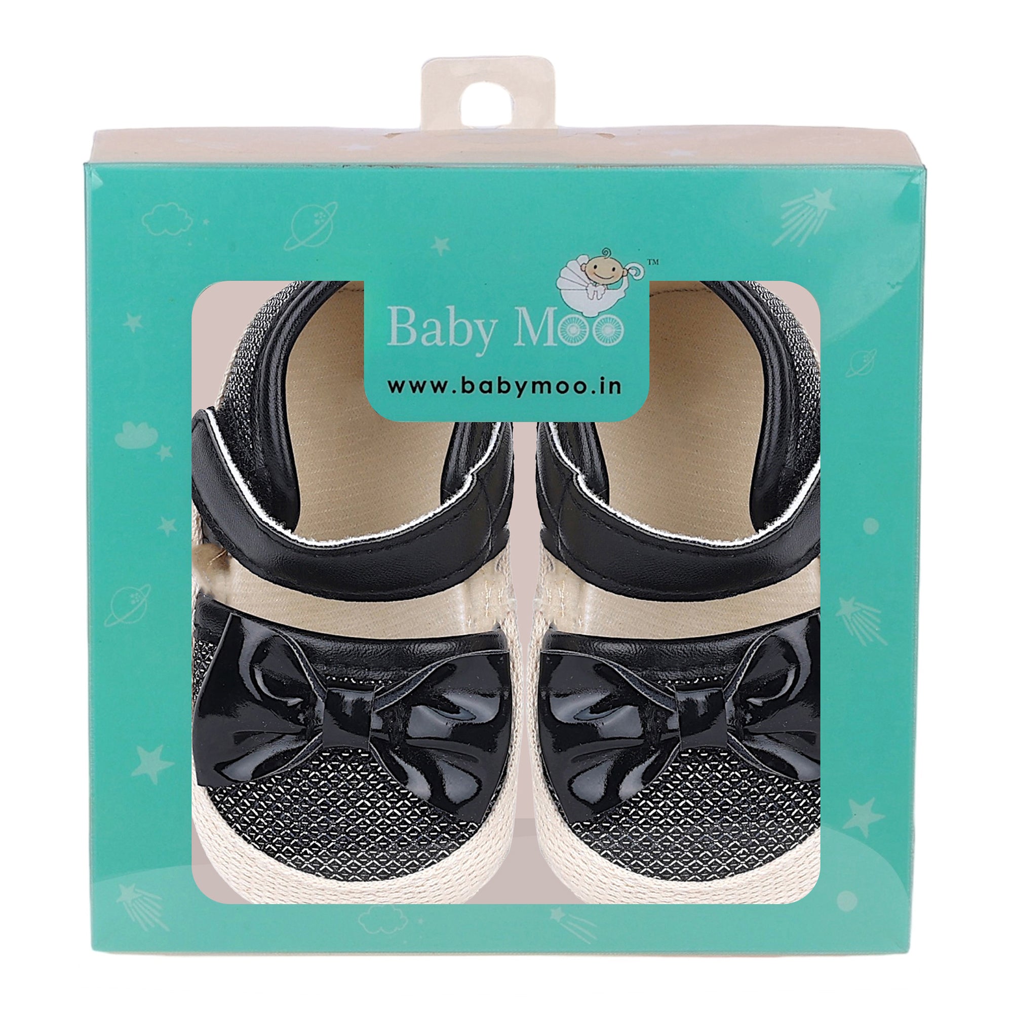 Baby Moo Glittery Partywear Bow Velcro Strap Anti-Skid Sandals - Black