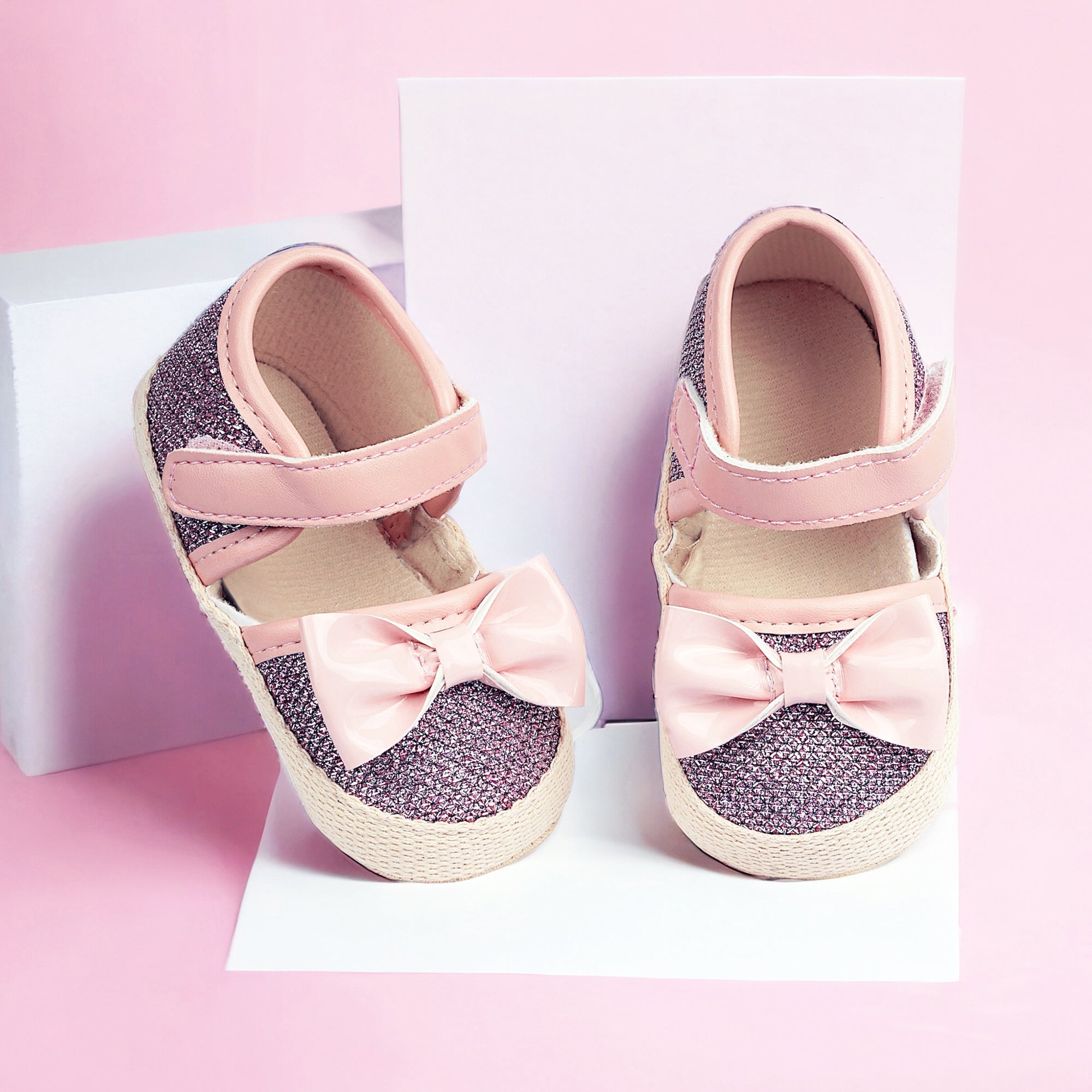 Baby Moo Glittery Partywear Bow Velcro Strap Anti-Skid Sandals - Pink