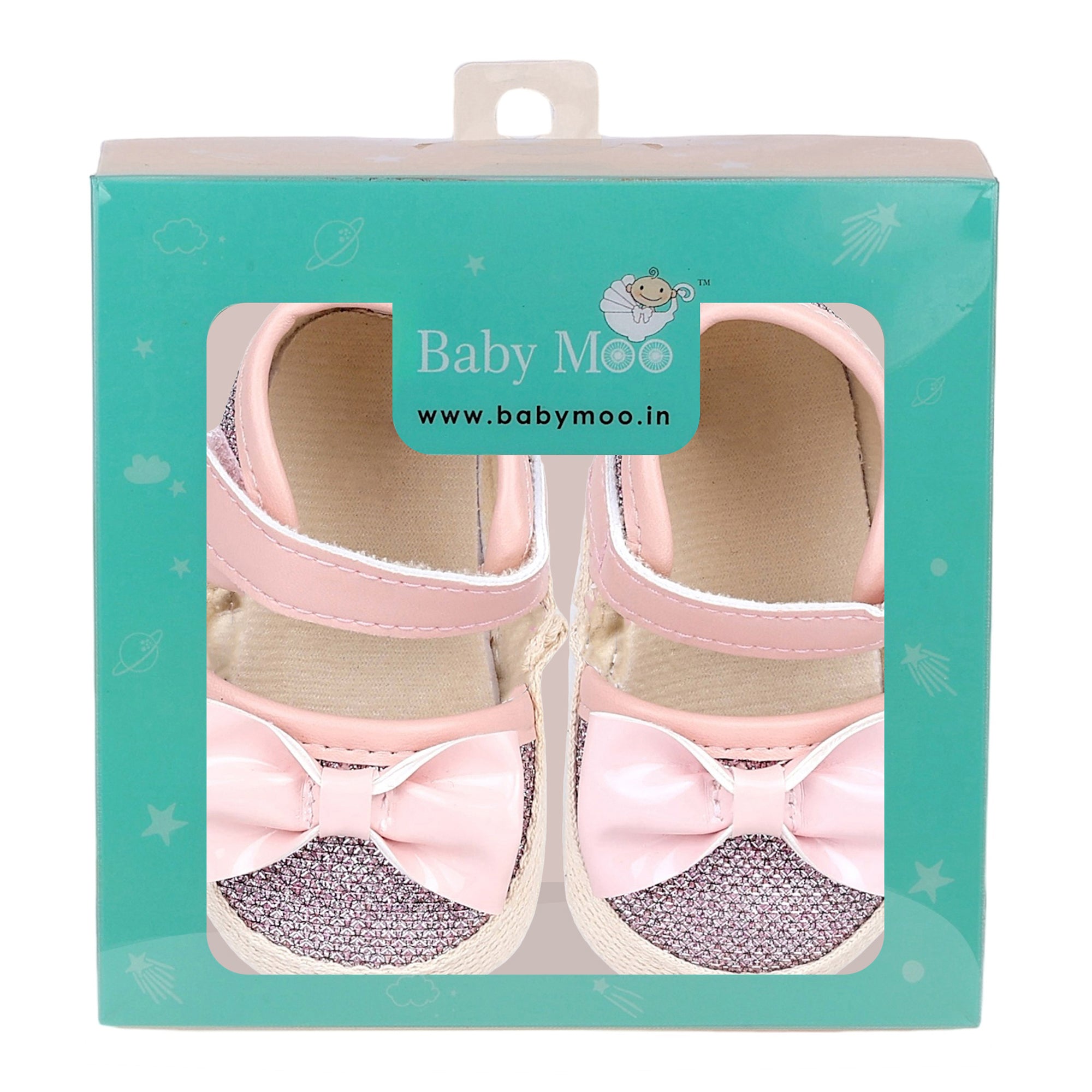 Baby Moo Glittery Partywear Bow Velcro Strap Anti-Skid Sandals - Pink