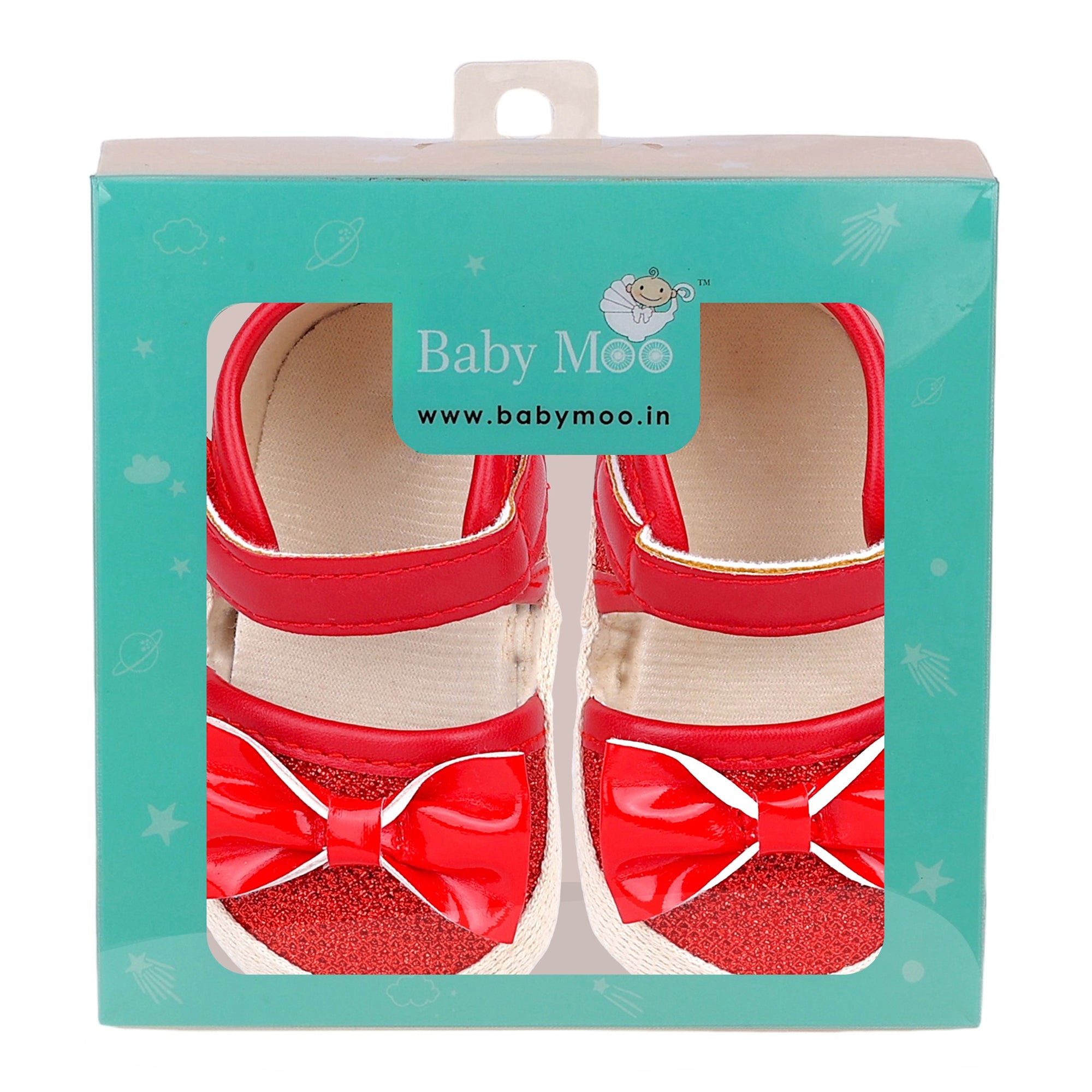 Baby Moo Glittery Partywear Bow Velcro Strap Anti-Skid Sandals - Red