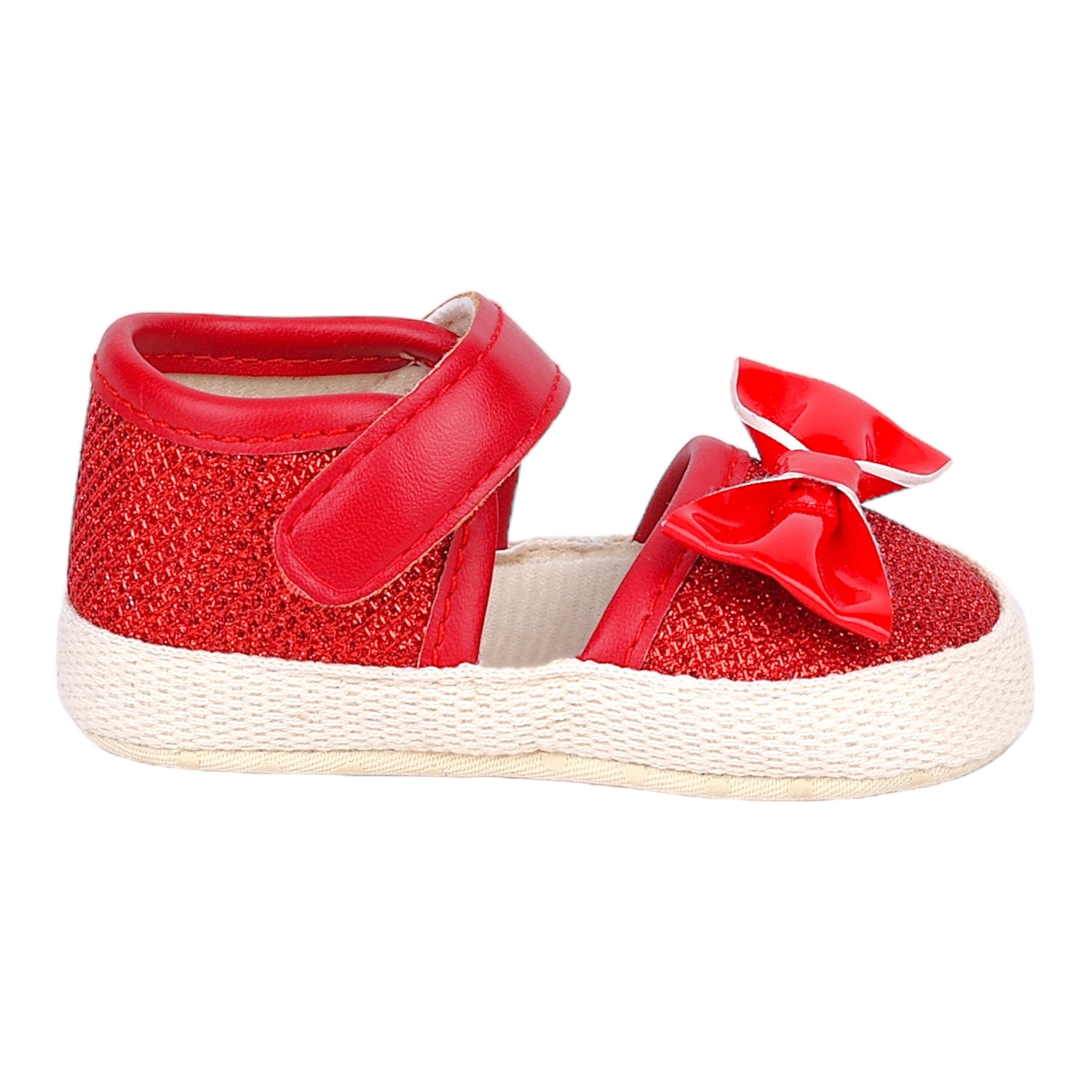 Baby Moo Glittery Partywear Bow Velcro Strap Anti-Skid Sandals - Red