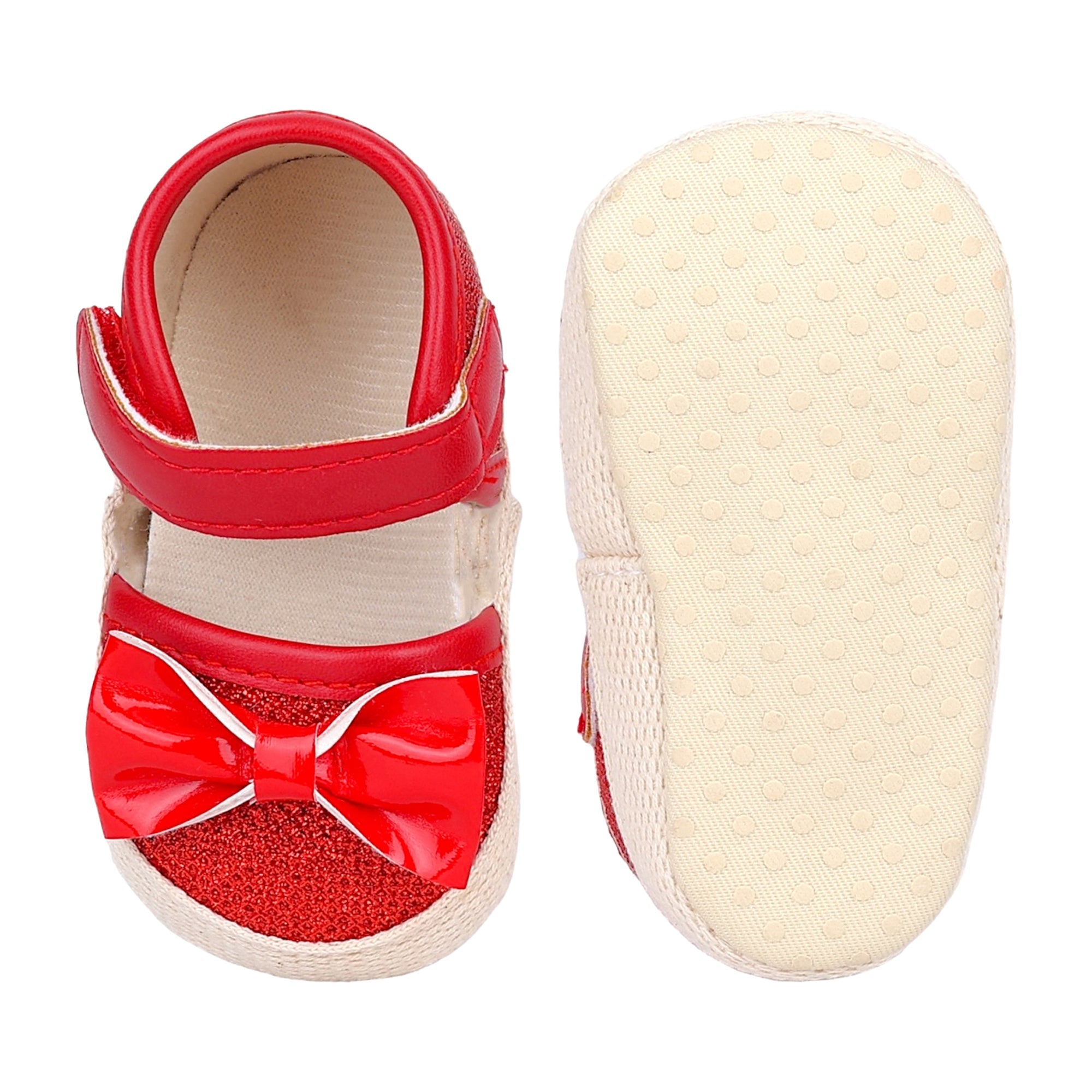 Baby Moo Glittery Partywear Bow Velcro Strap Anti-Skid Sandals - Red