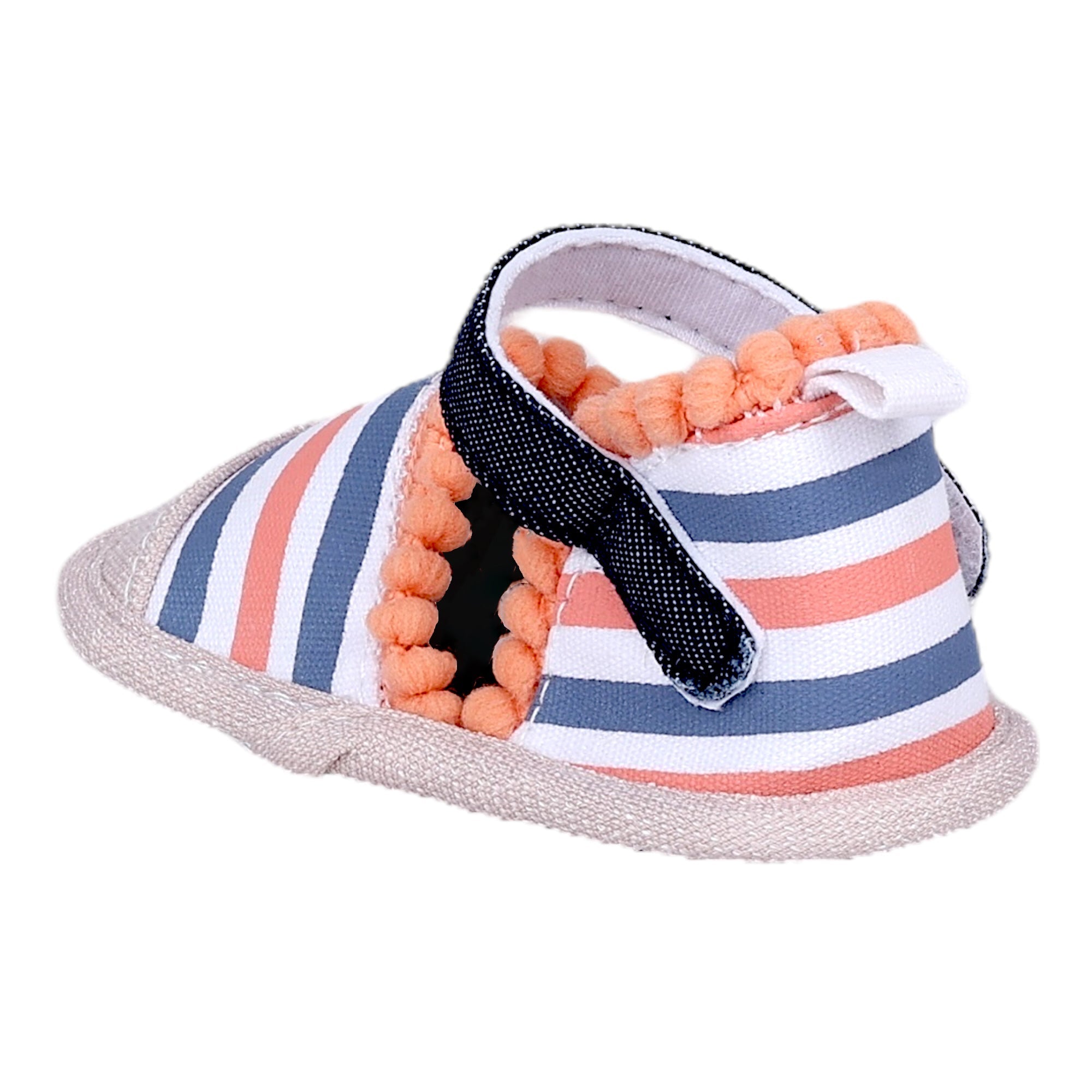 Baby Moo Striped Handmade Pom Pom Trim Velcro Straps Anti-Skid Booties - Peach, White