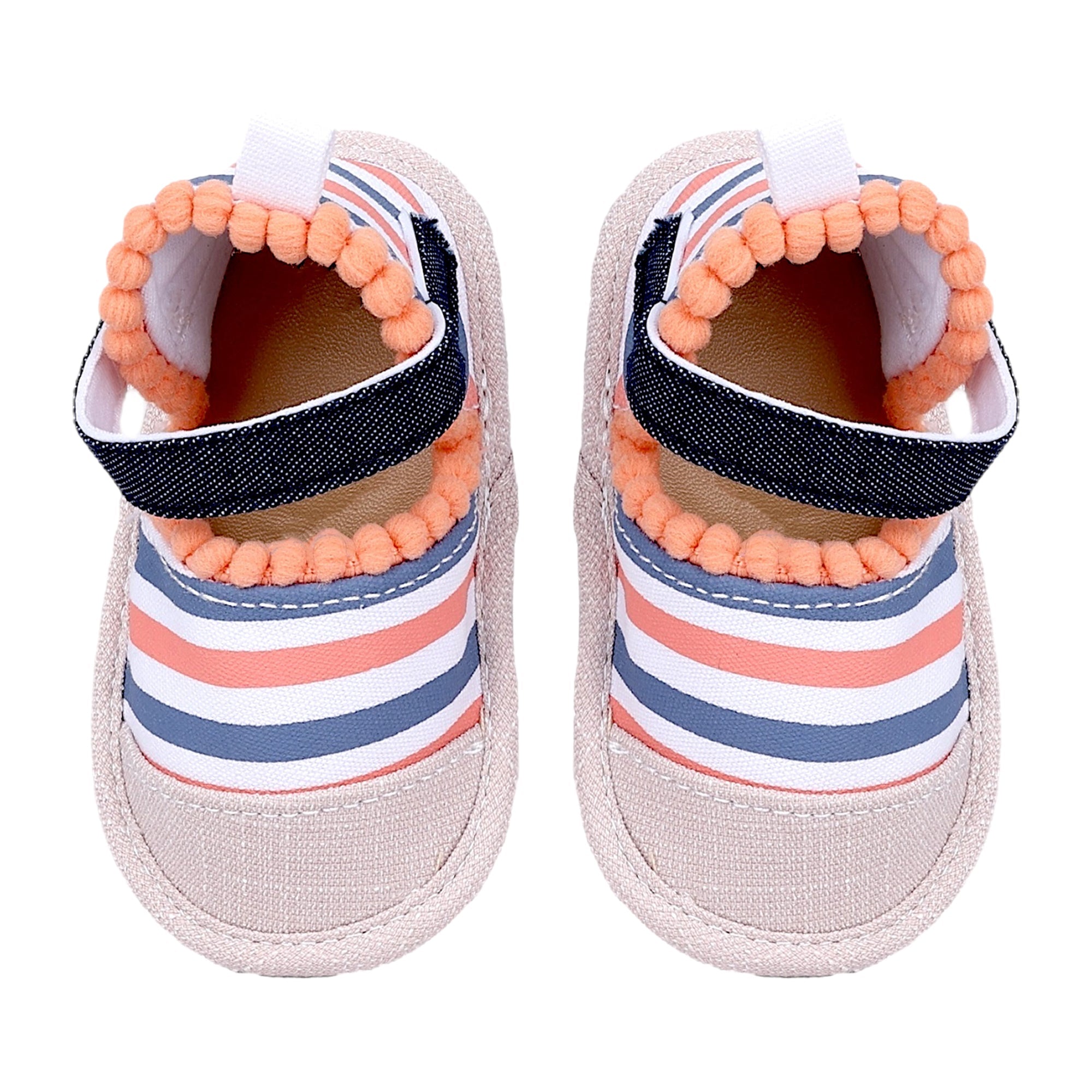 Baby Moo Striped Handmade Pom Pom Trim Velcro Straps Anti-Skid Booties - Peach, White