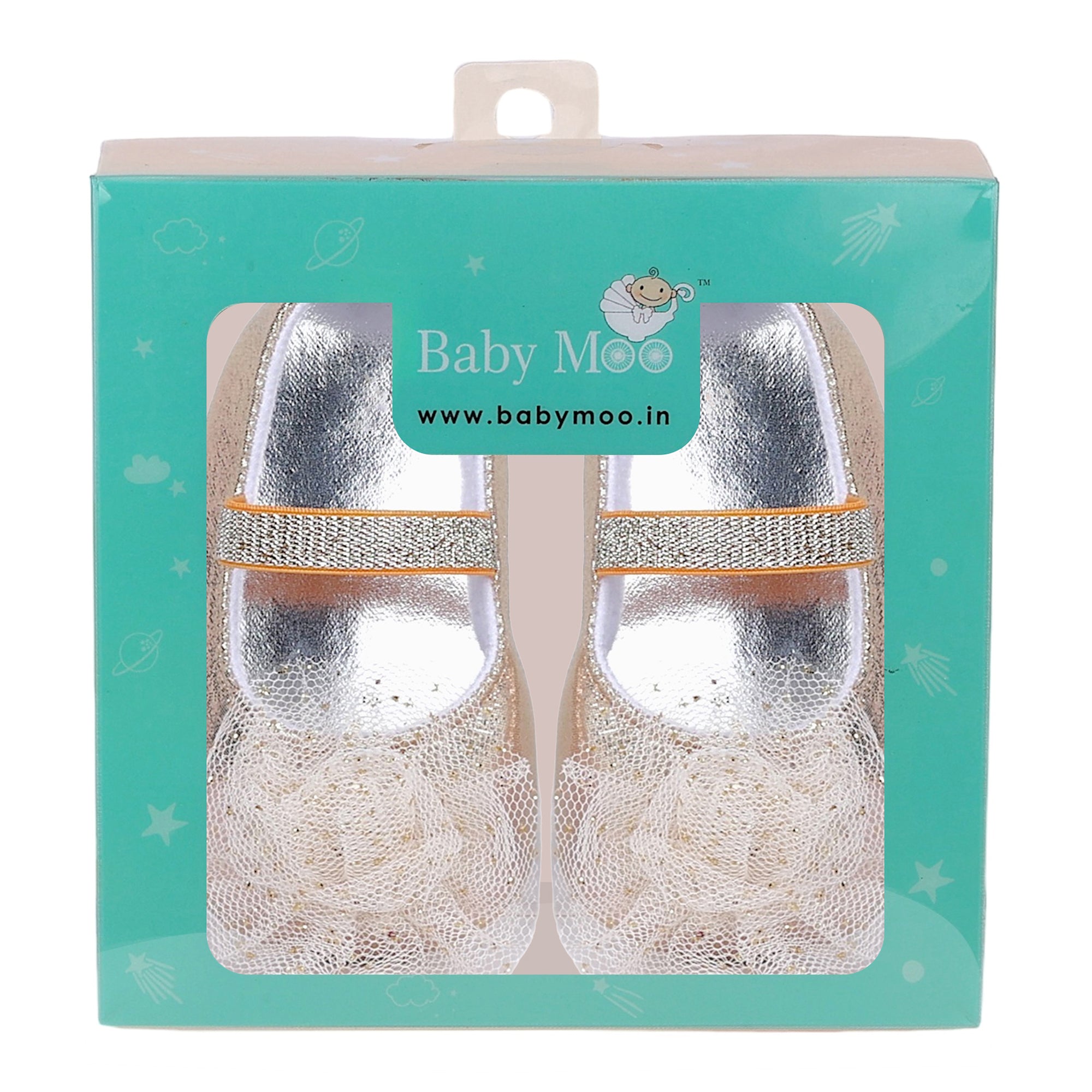 Baby Moo Embellished Flower Elastic Strap Gllittery Ballerina Booties - Gold, Metallic