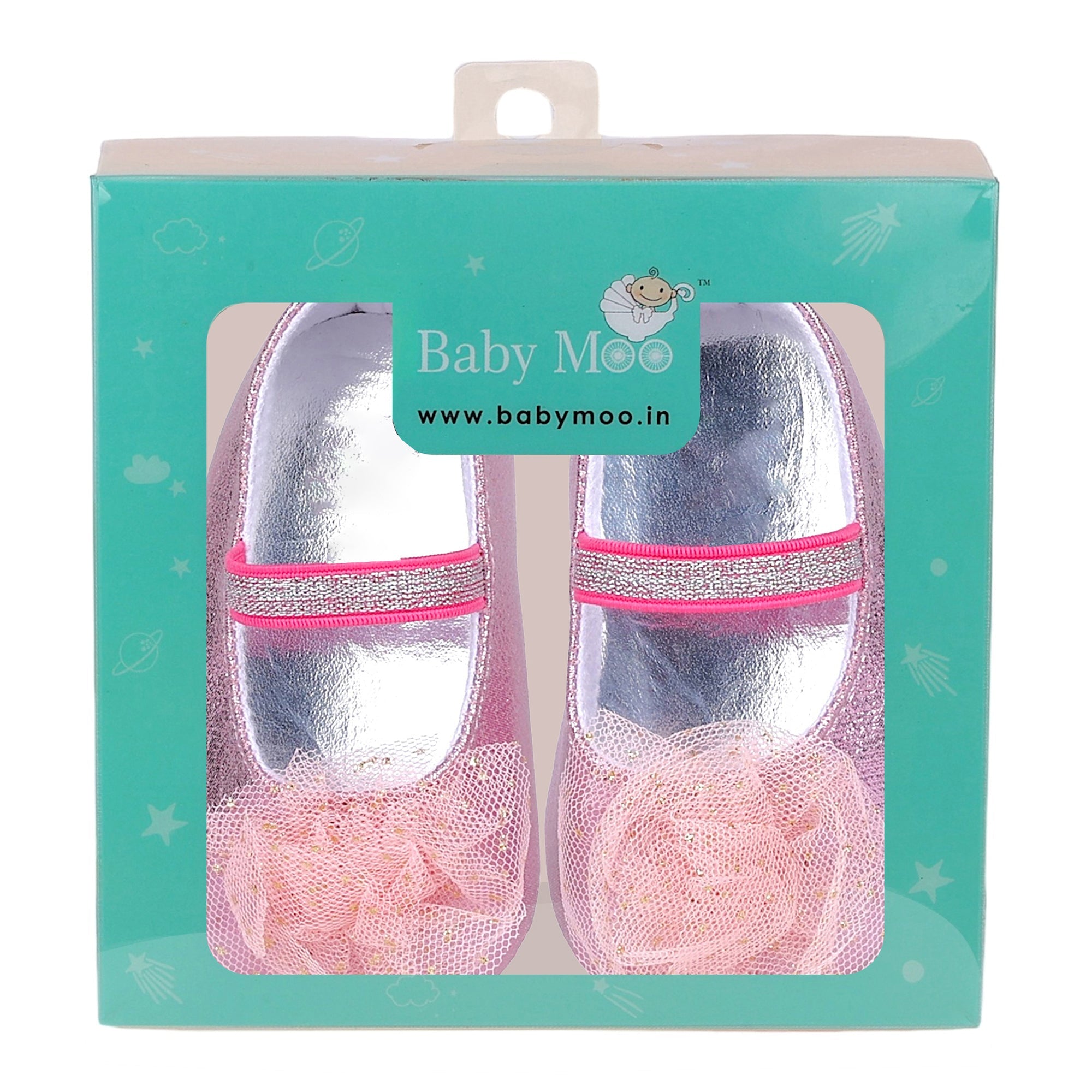 Baby Moo Embellished Flower Elastic Strap Gllittery Ballerina Booties - Pink, Metallic