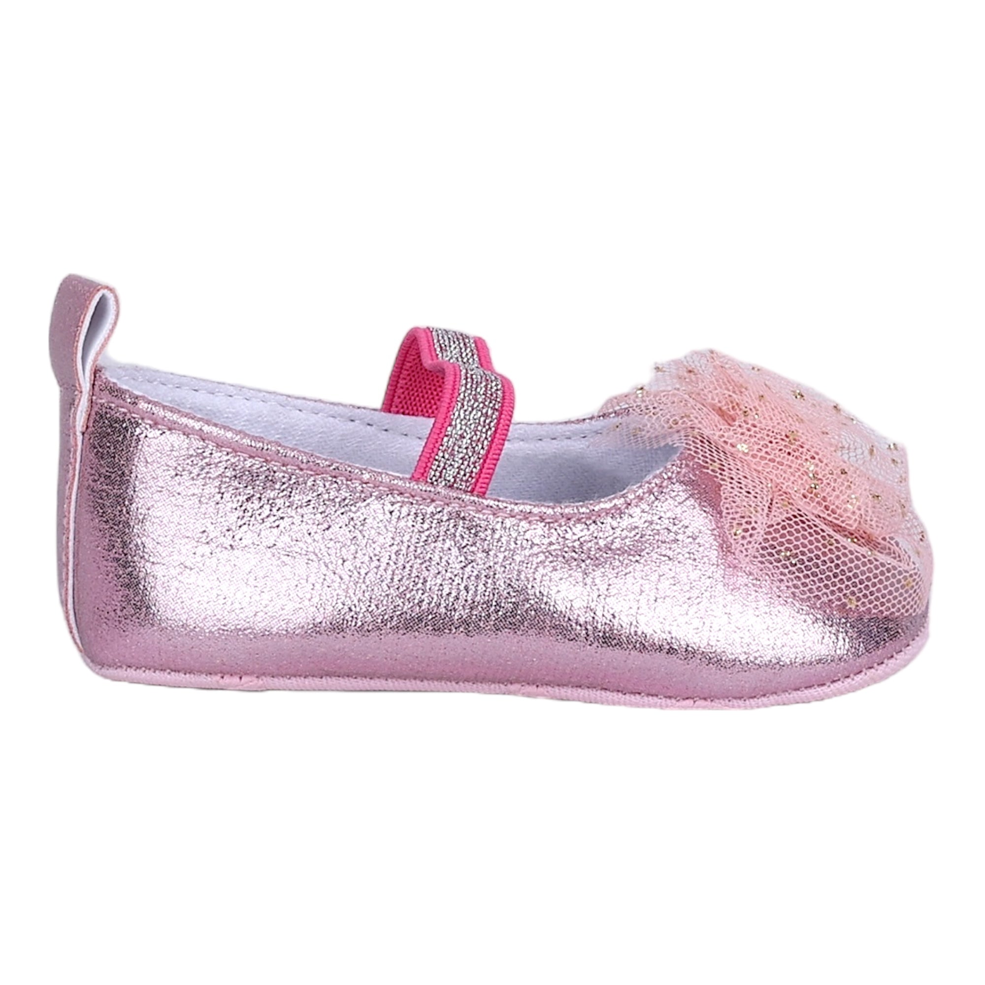 Baby Moo Embellished Flower Elastic Strap Gllittery Ballerina Booties - Pink, Metallic