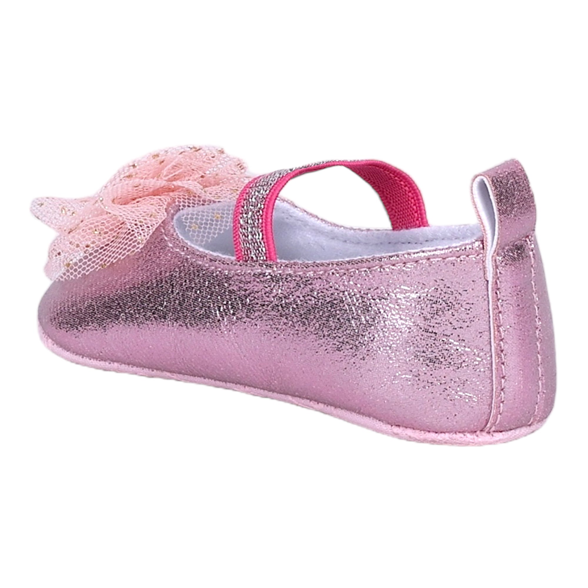 Baby Moo Embellished Flower Elastic Strap Gllittery Ballerina Booties - Pink, Metallic