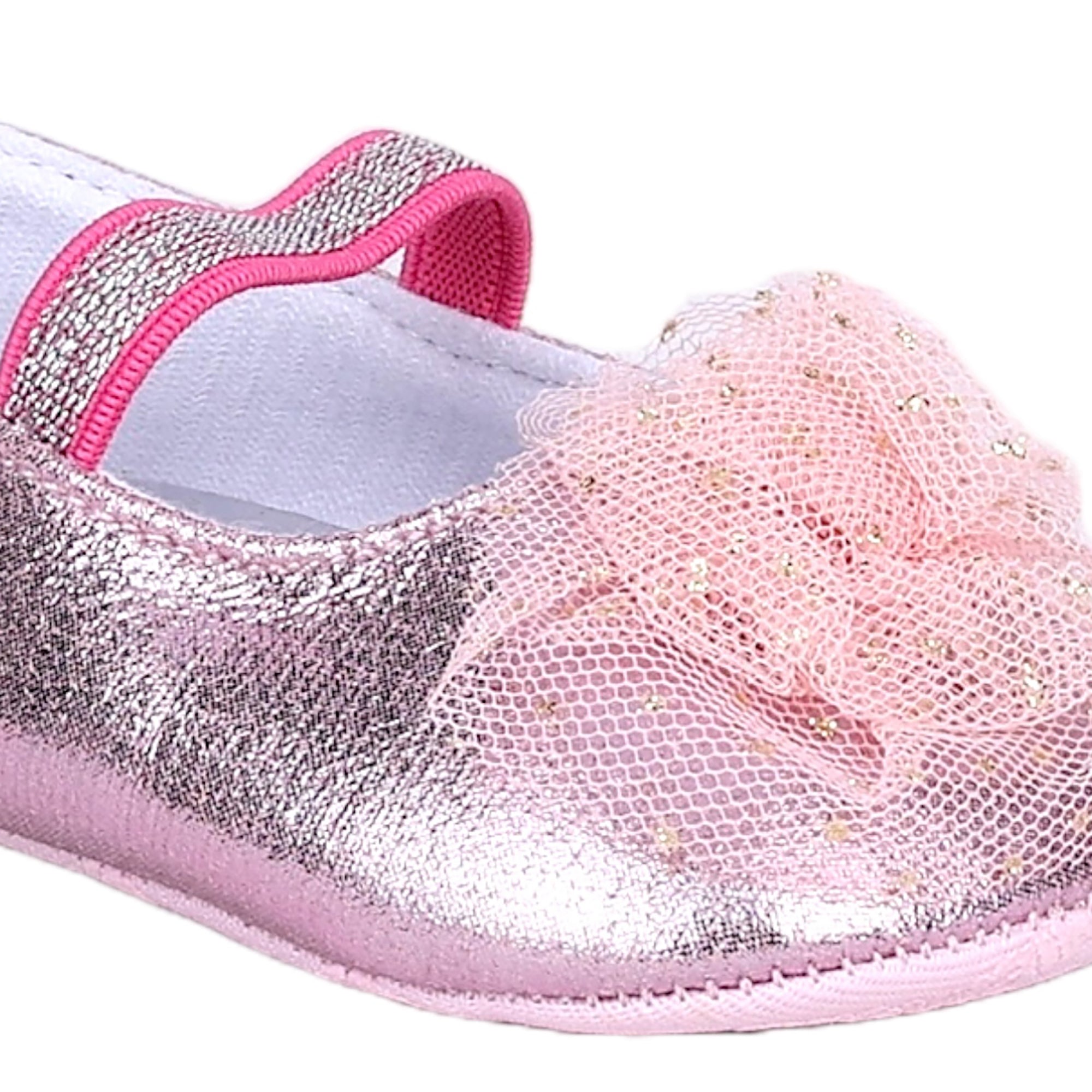 Baby Moo Embellished Flower Elastic Strap Gllittery Ballerina Booties - Pink, Metallic