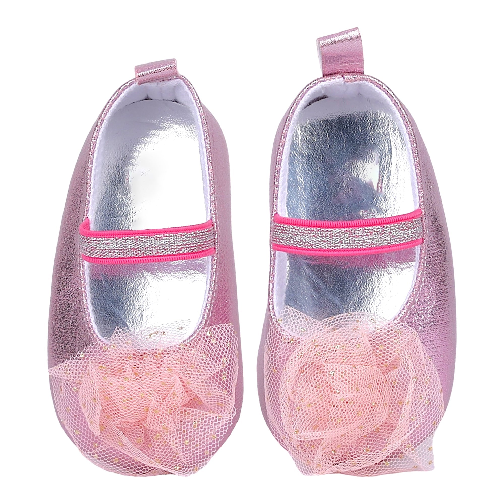 Baby Moo Embellished Flower Elastic Strap Gllittery Ballerina Booties - Pink, Metallic