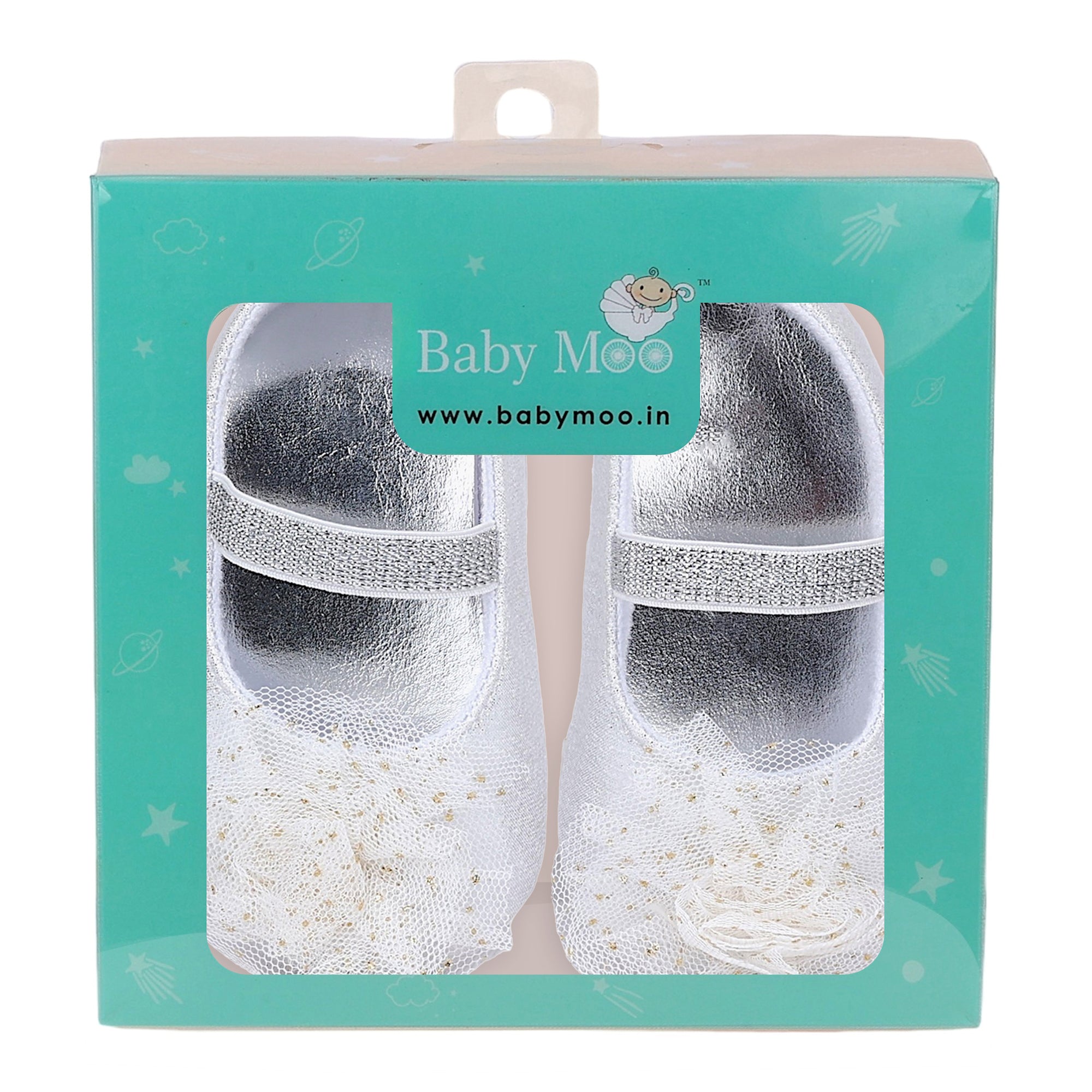 Baby Moo Embellished Flower Elastic Strap Gllittery Ballerina Booties - Silver, Metallic