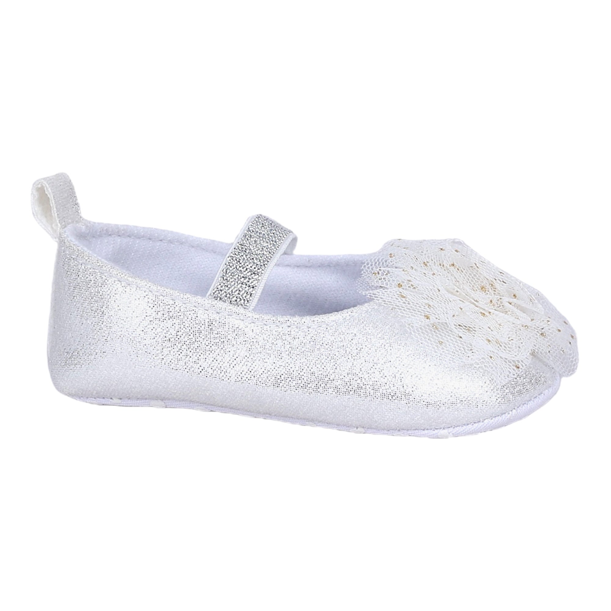 Baby Moo Embellished Flower Elastic Strap Gllittery Ballerina Booties - Silver, Metallic