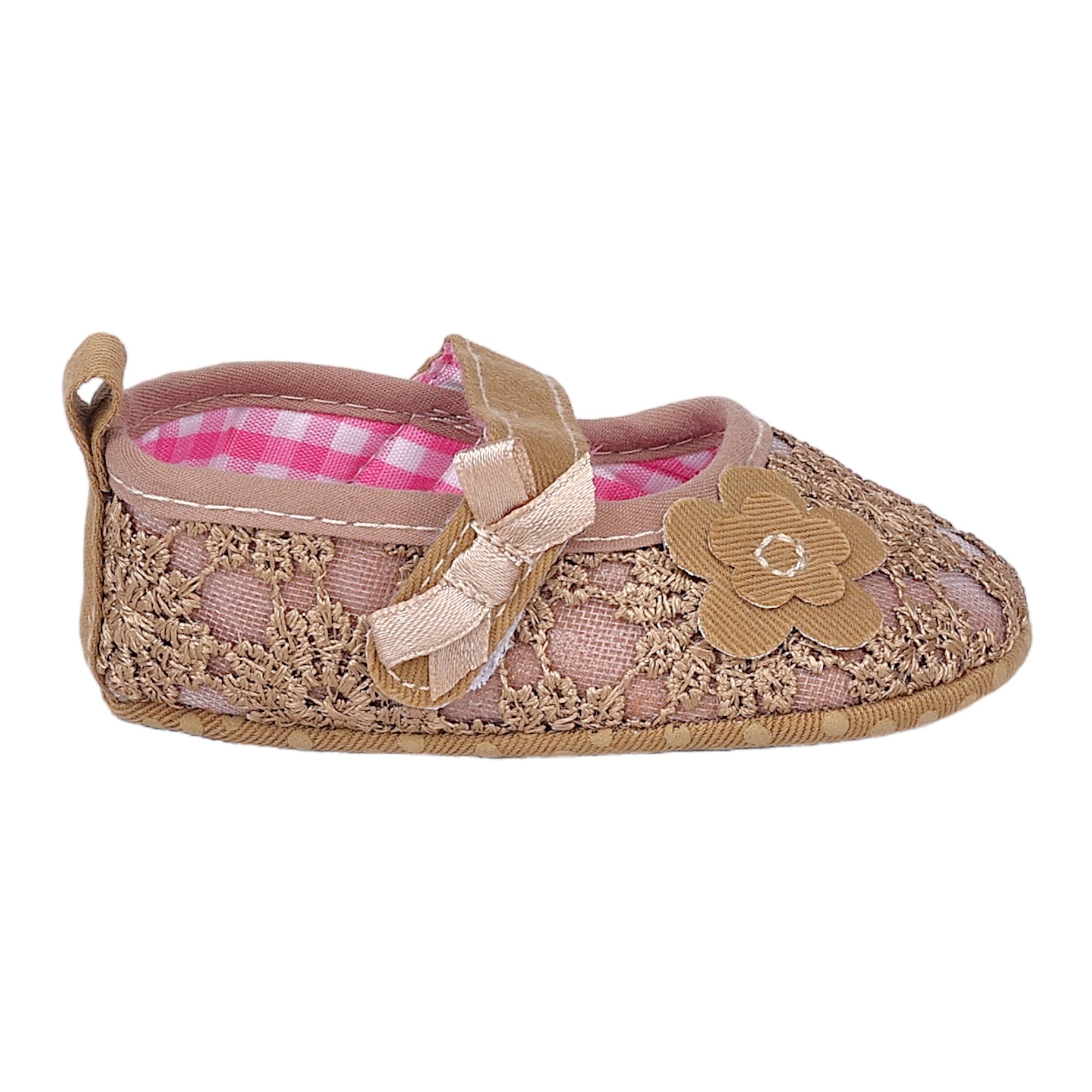 Baby Moo Floral Applique Lace Velcro Strap Ballerina Booties - Gold