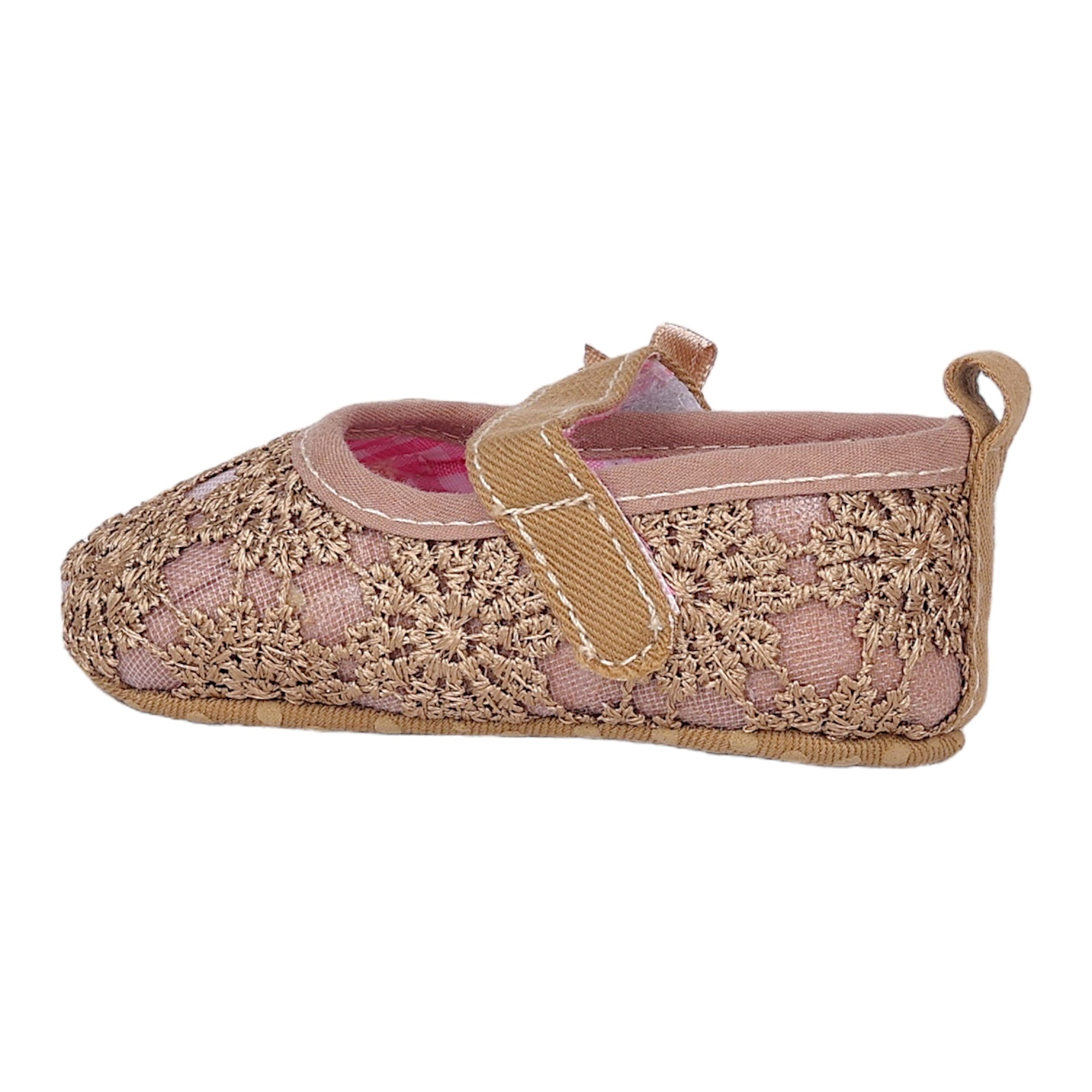 Baby Moo Floral Applique Lace Velcro Strap Ballerina Booties - Gold