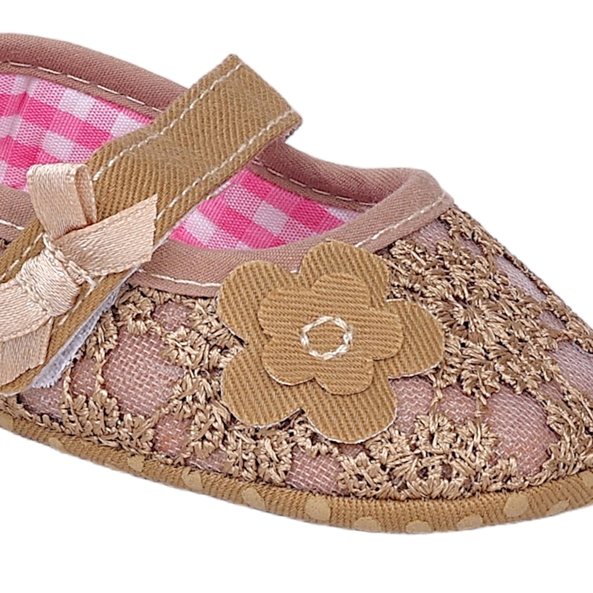 Baby Moo Floral Applique Lace Velcro Strap Ballerina Booties - Gold