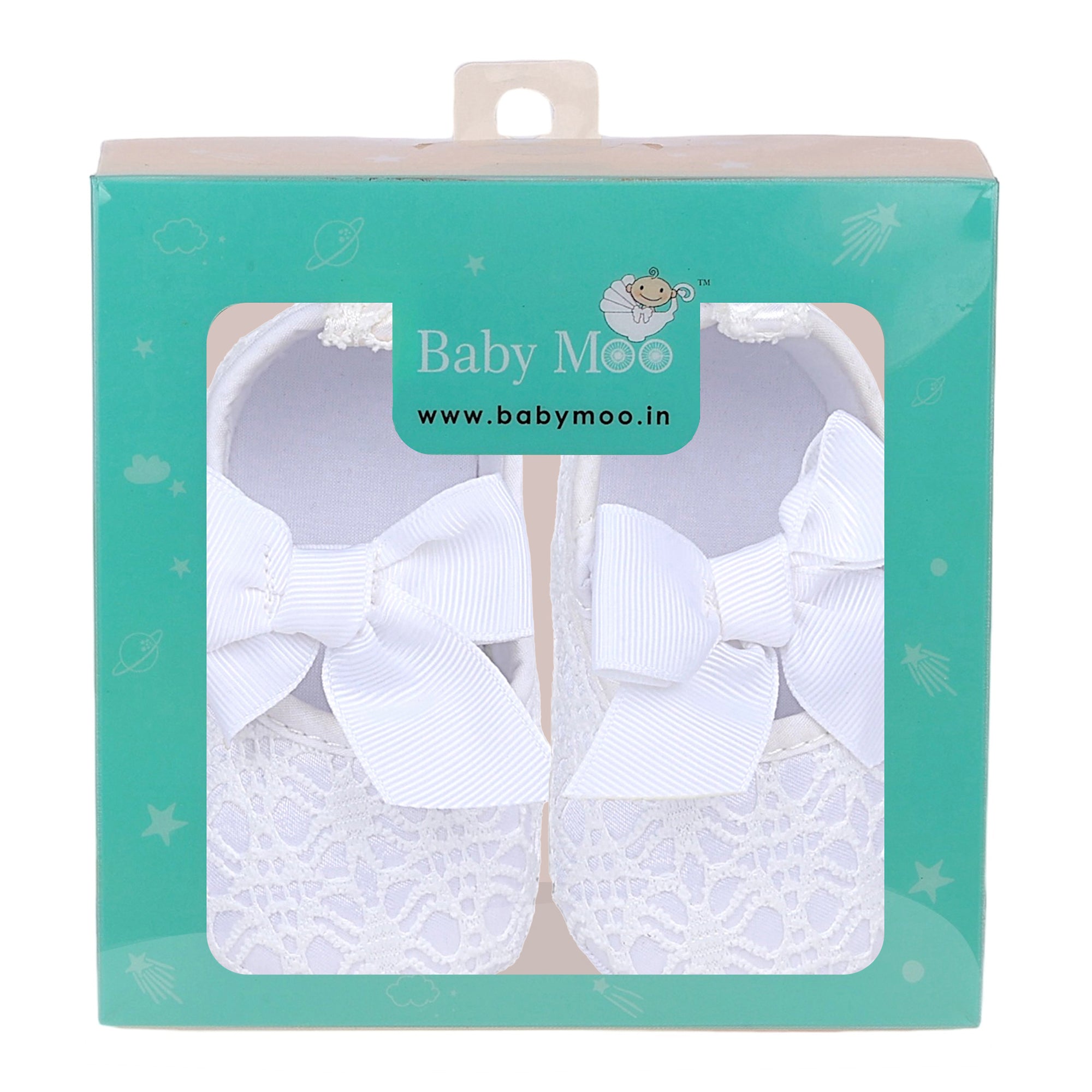 Baby Moo Big Bow Satin Lace Elastic Strap Ballerina Booties - White
