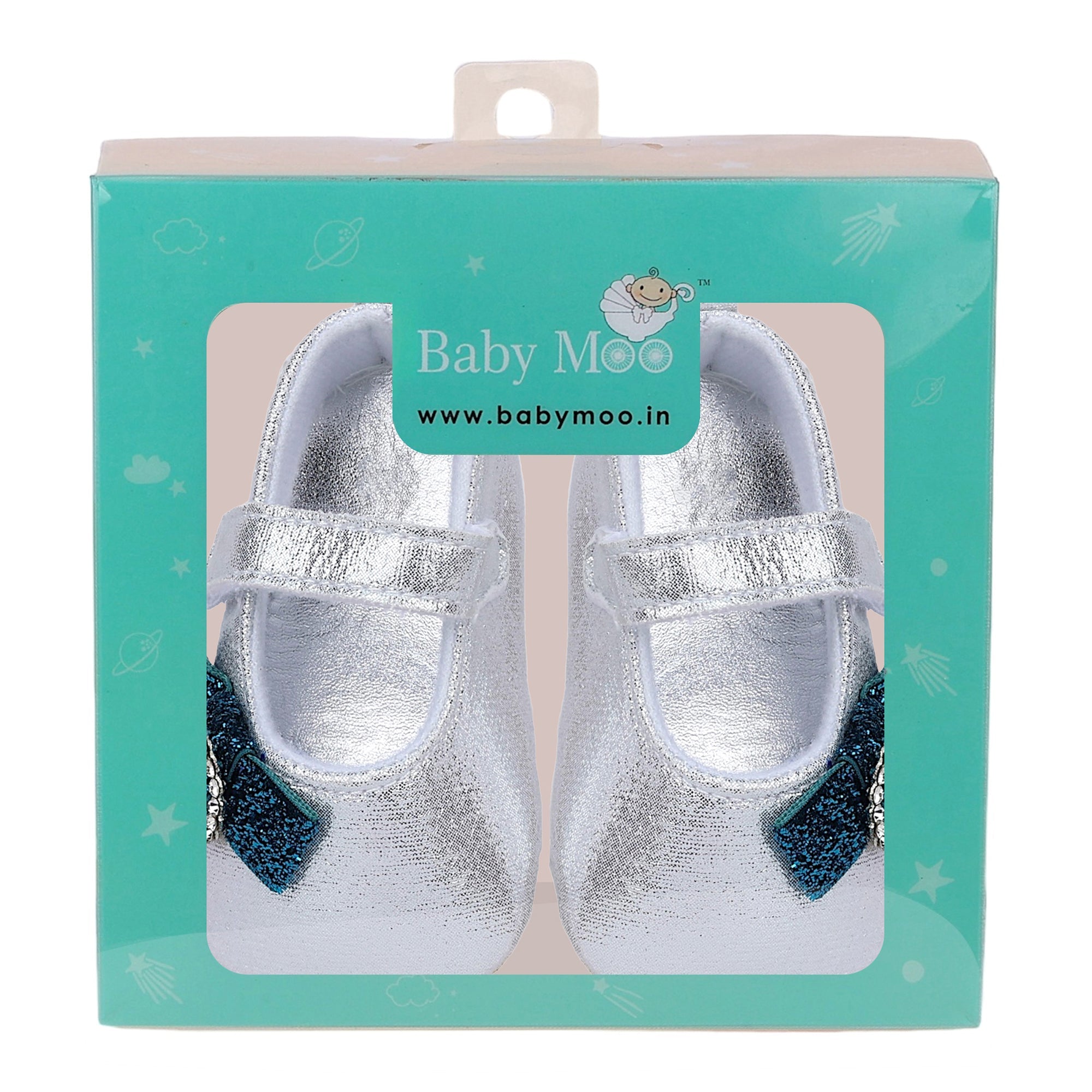 Baby Moo Shining Partywear Bow Applique Velcro Strap Ballerina Booties - Silver