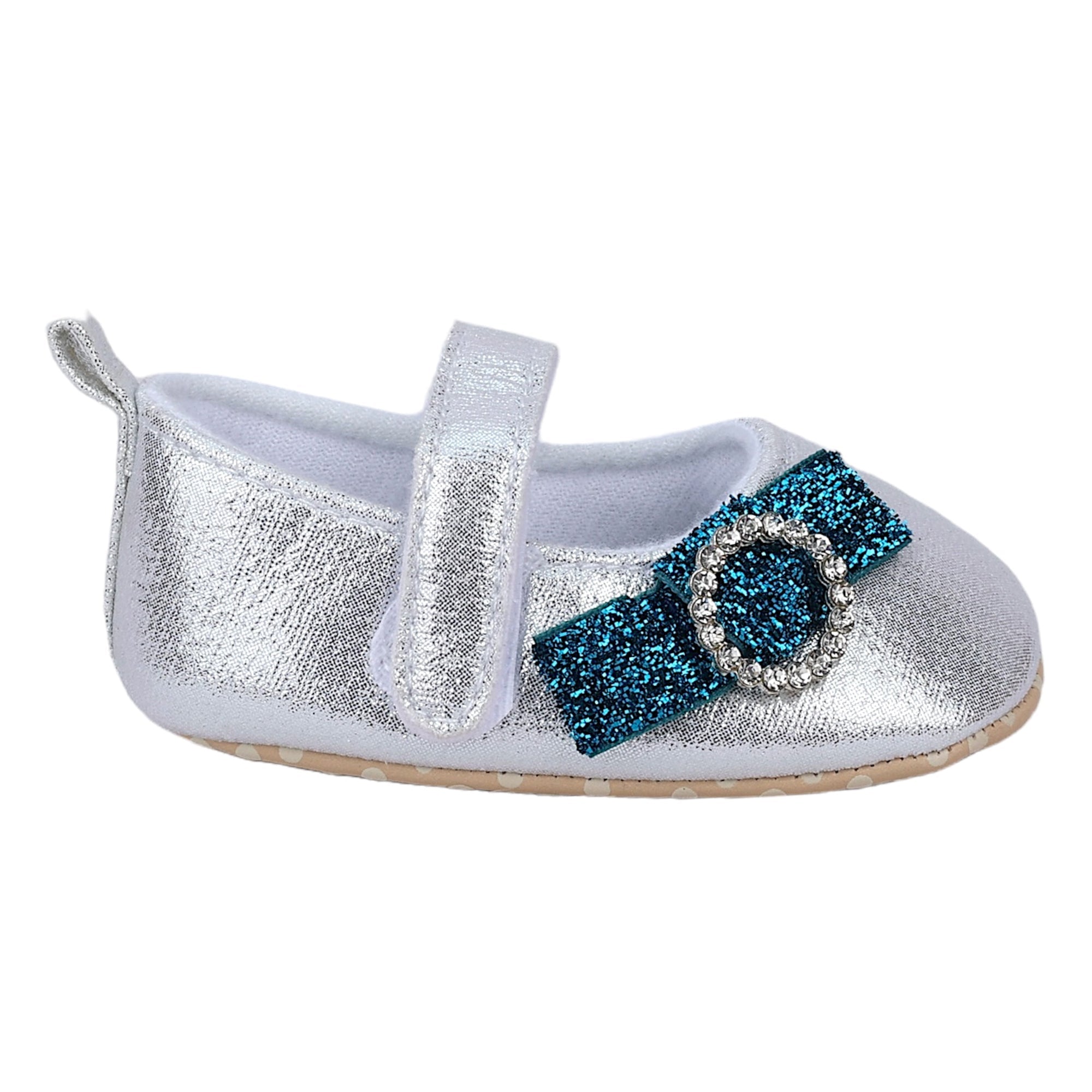 Baby Moo Shining Partywear Bow Applique Velcro Strap Ballerina Booties - Silver