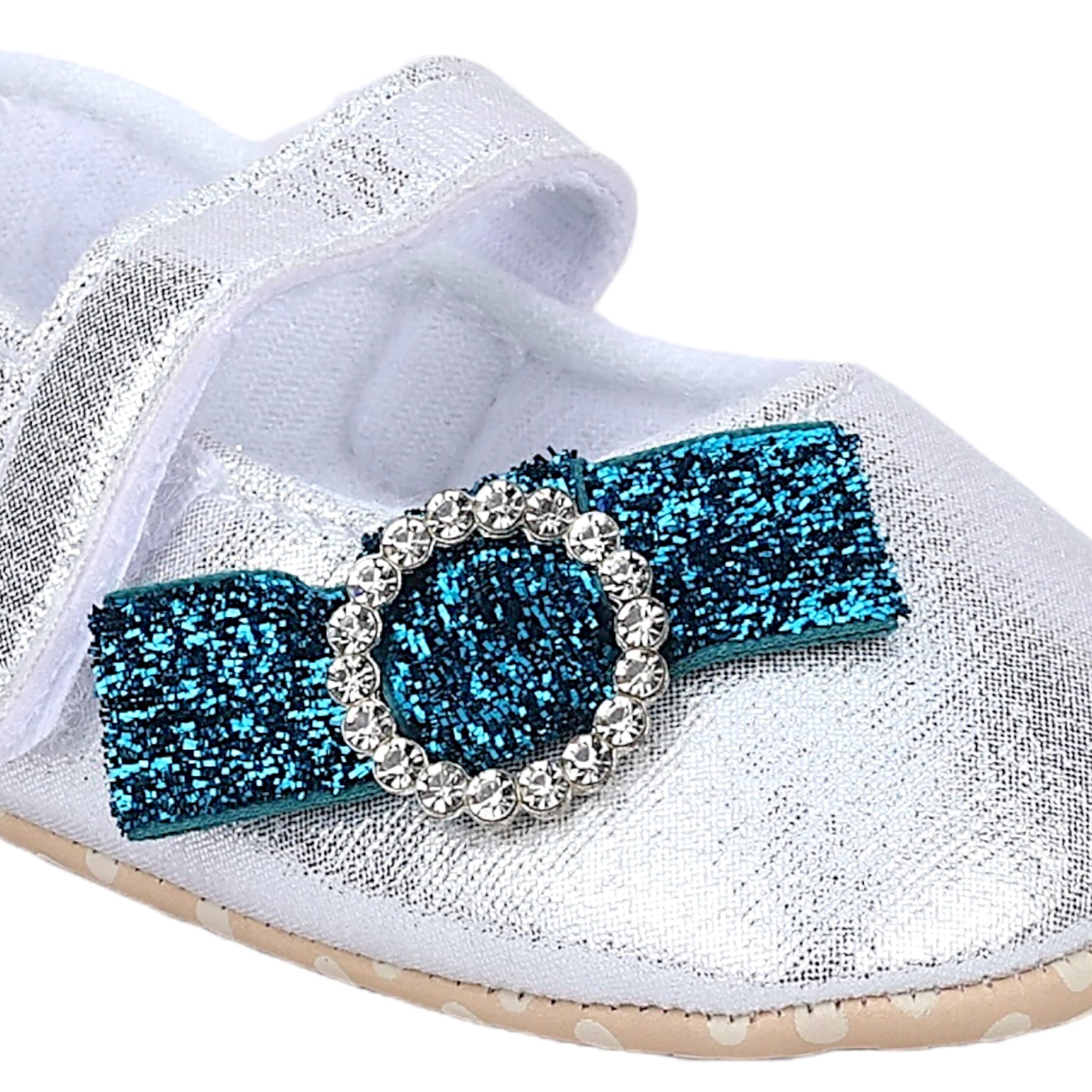 Baby Moo Shining Partywear Bow Applique Velcro Strap Ballerina Booties - Silver