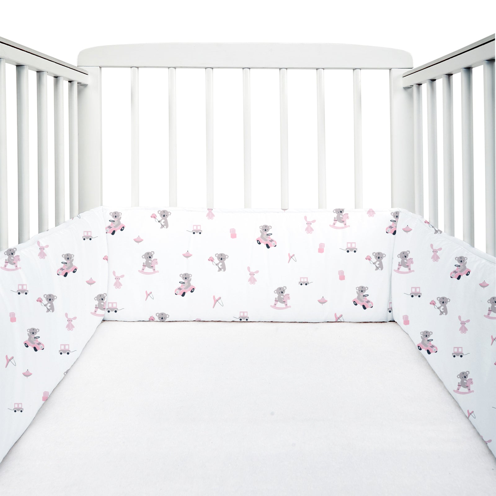 The White Cradle Baby Safe Cot Bumper Pad, Fits all Standard Cribs, Thick Padded Protective Liner for Child Nursery Bed, Soft Organic Cotton Fabric, Breathable, Non-Allergenic - Pink Koala with Horse