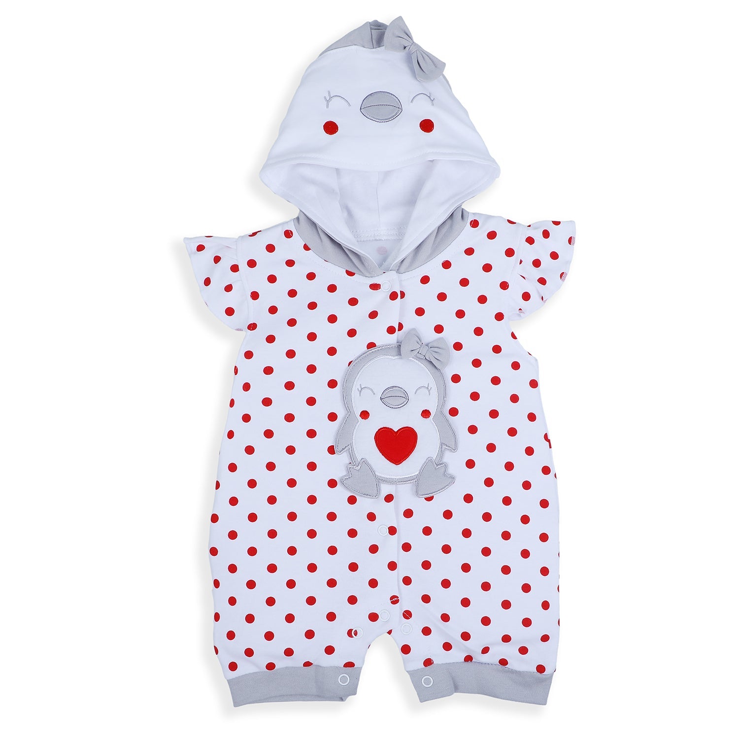 Baby Moo Little Penguin Embroidered Soft Cotton Girls Hooded Short Romper - Red - Baby Moo
