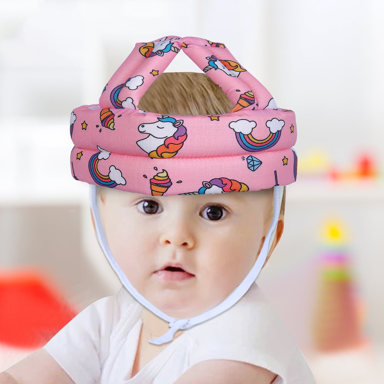 Baby Moo Rainbow Unicorn Head Protection Adjustable Cushioned Safety Helmet - Pink