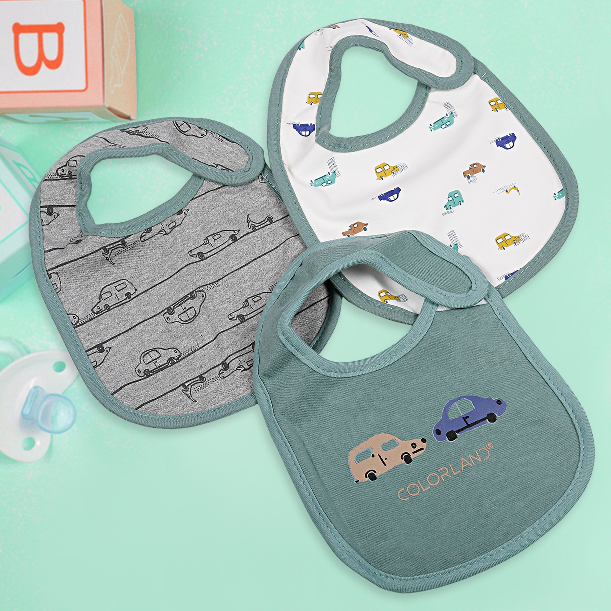 Feeding Bibs Pack Of 3 Cartoon Car Printed Green And Grey - Baby Moo