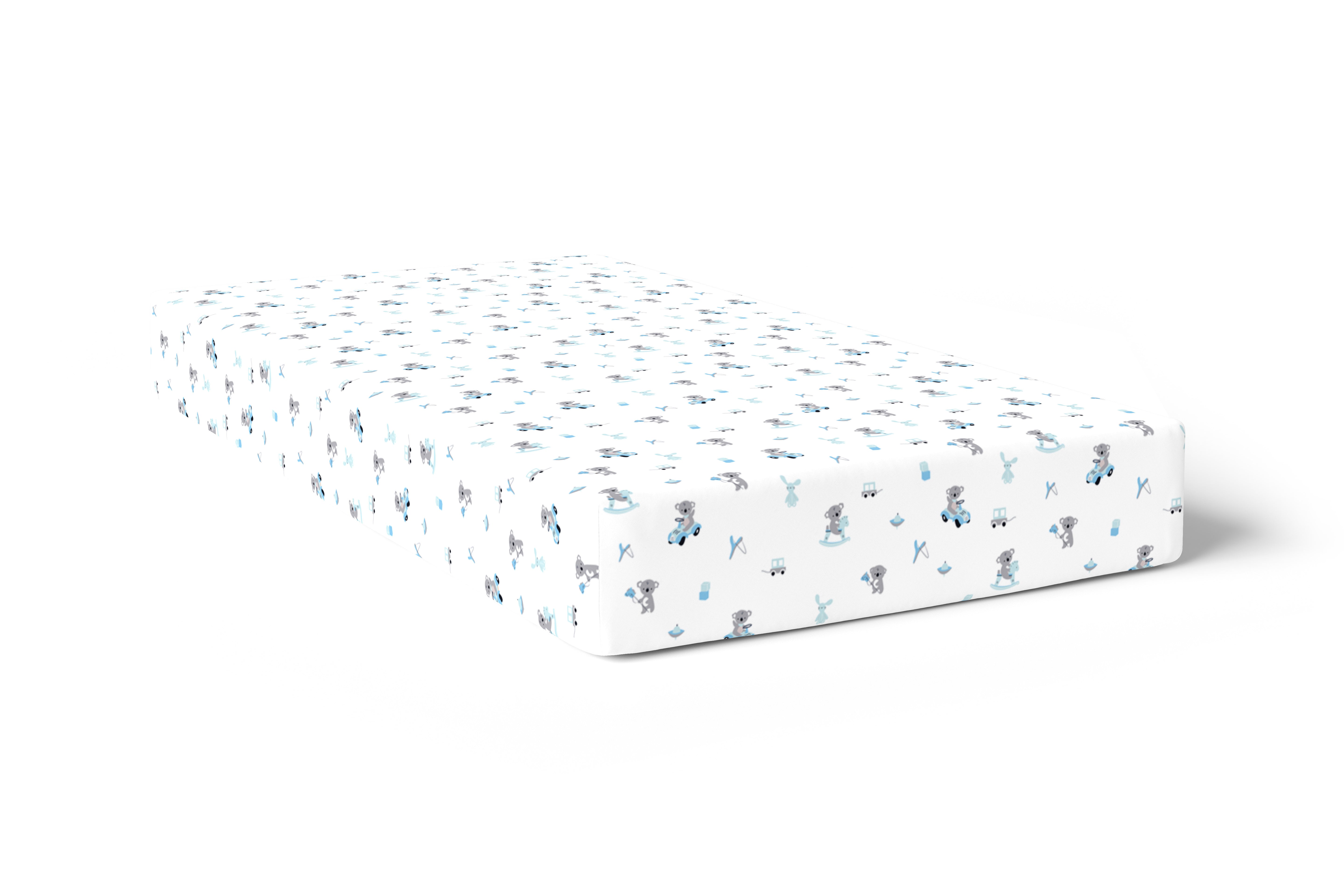 The White Cradle Pure Organic Cotton Fitted Cot Sheet for Baby Crib 28 x 52 inch - Blue Koala with Horse