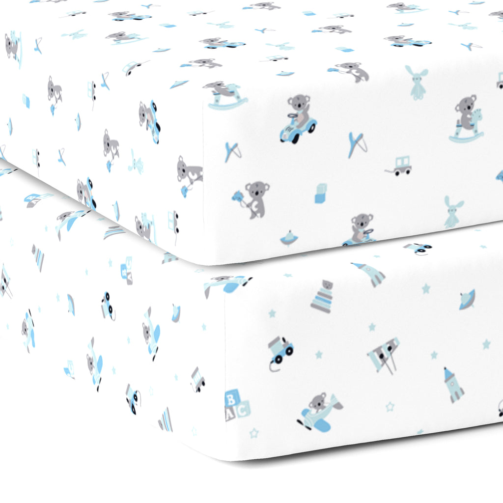 The White Cradle 100% Organic Cotton Crib Fitted Sheets for Baby - Blue Bear 1 and 2