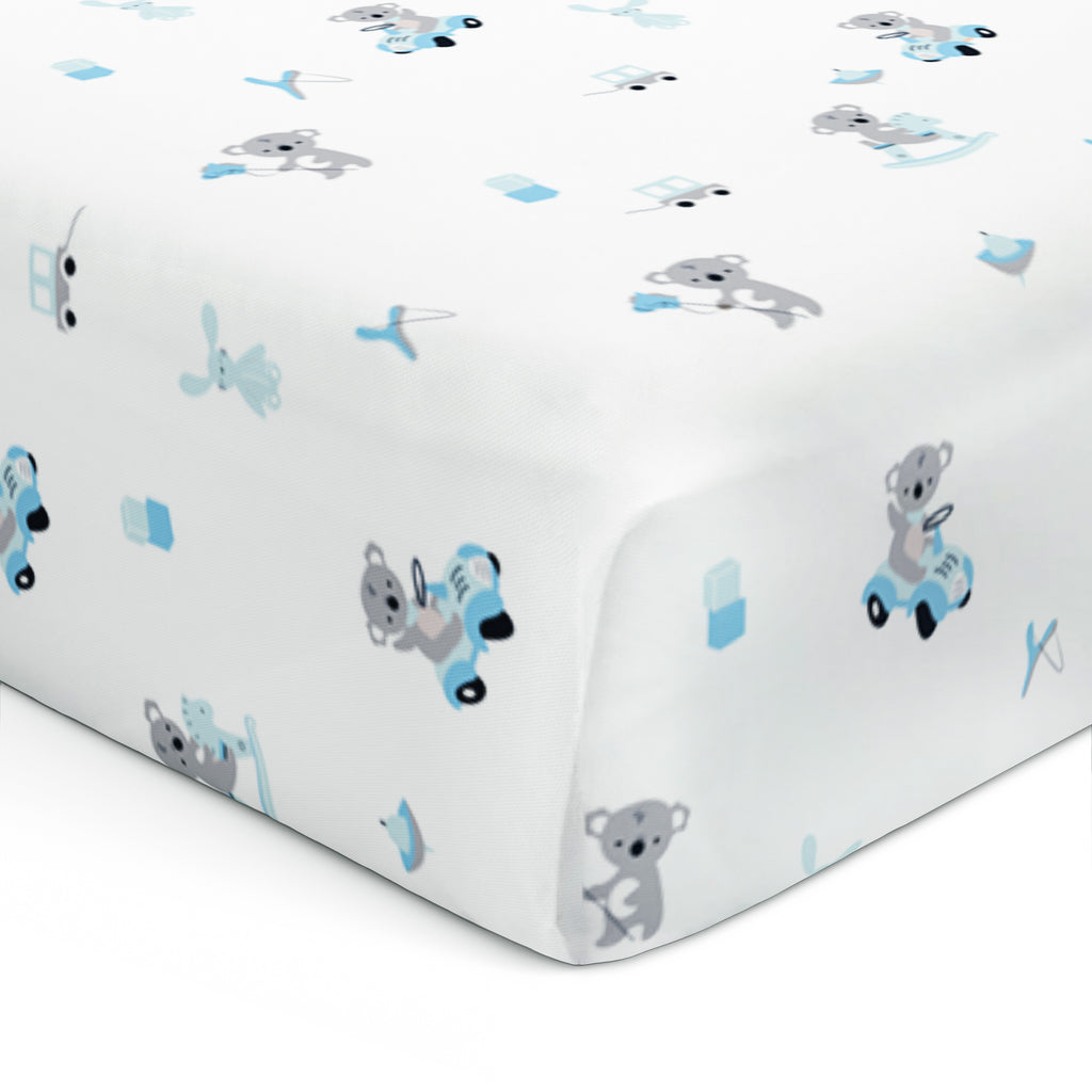 The White Cradle Flat Bed Sheet for Baby Cot & Mattress - Blue Koala with Horse