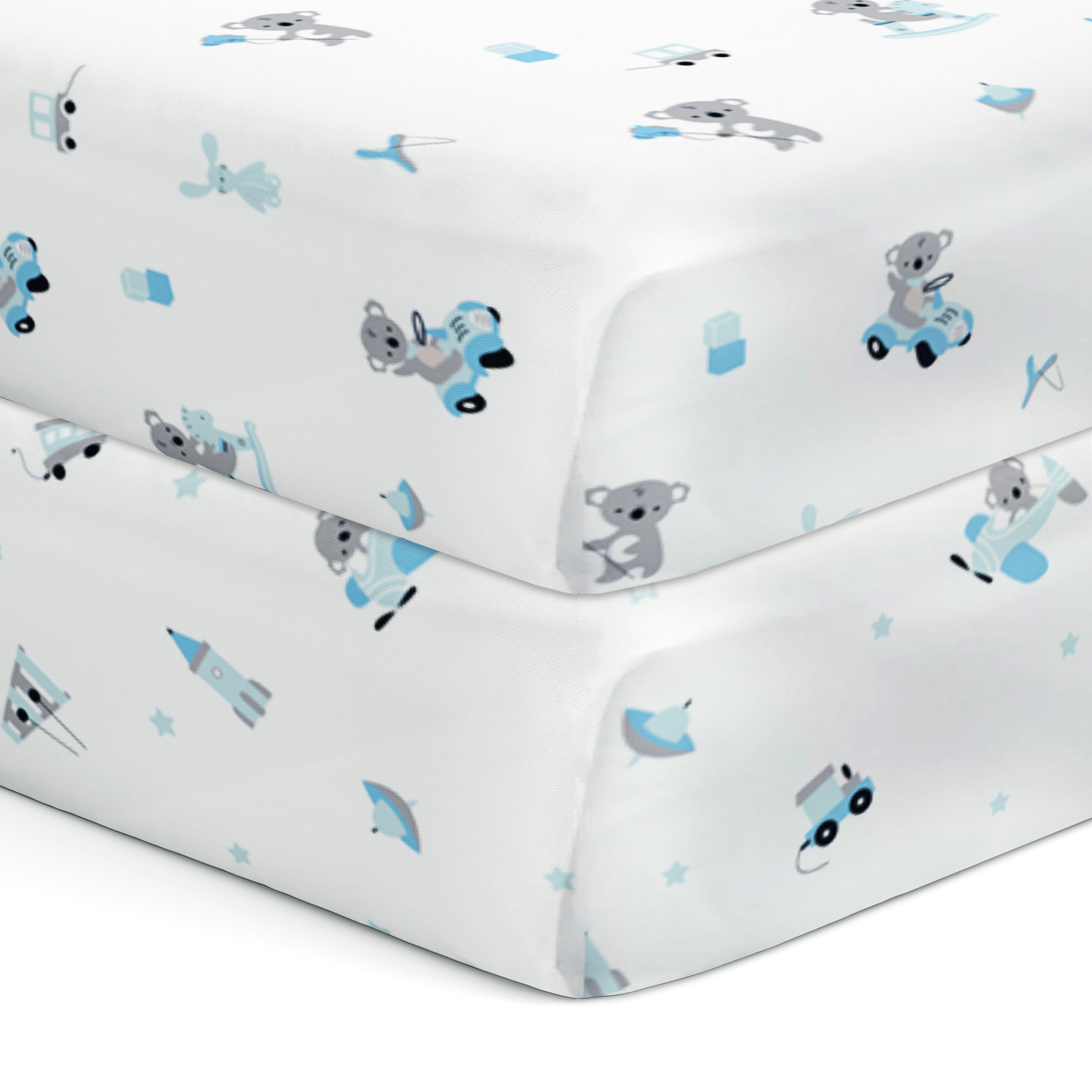 The White Cradle Flat Bed Sheet for Baby Cot & Mattress (2 pcs pack) - Blue Bear 1 and 2