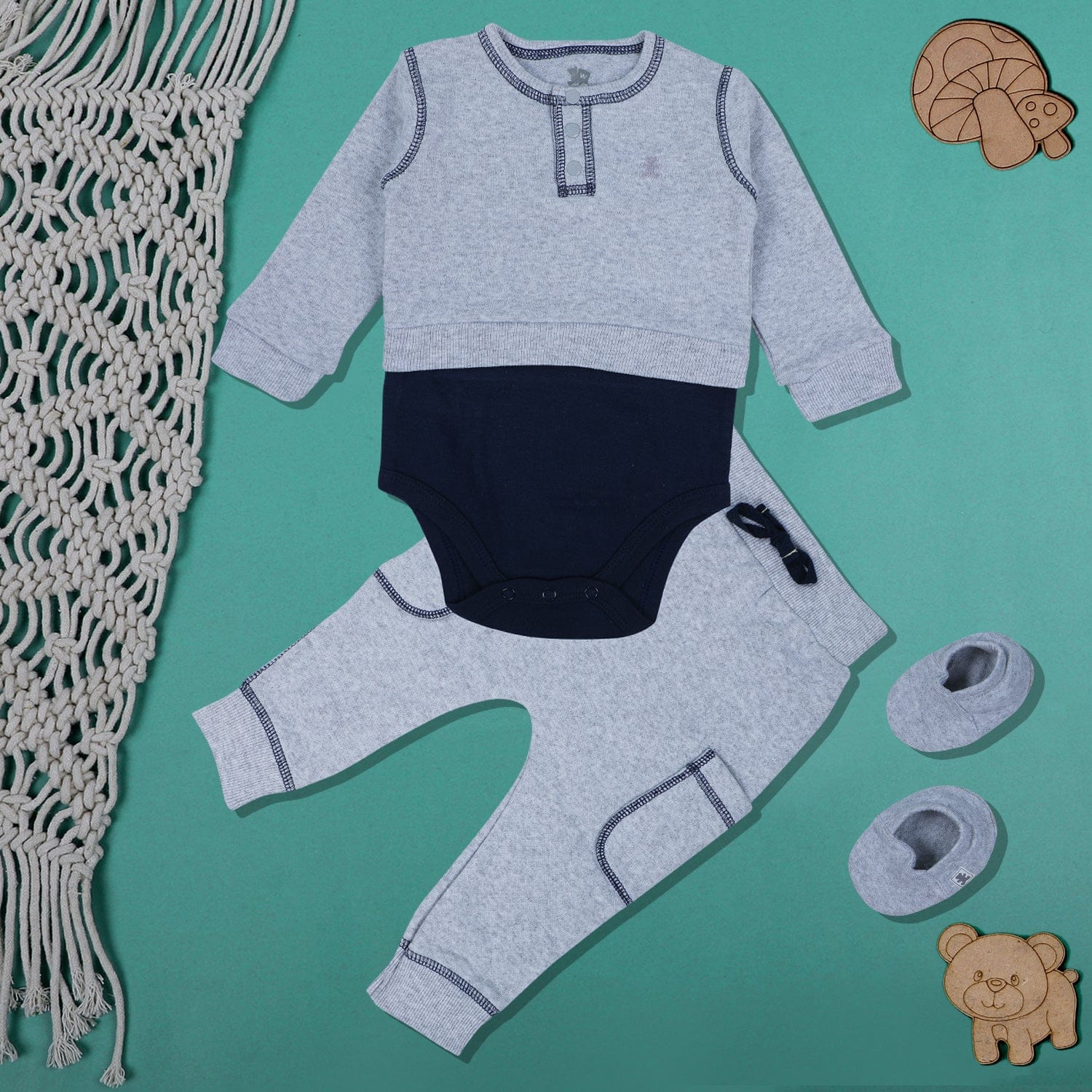 Baby Moo Solid Stretchable Jogger with Full Sleeve Onesie And Booties Gift Set - Grey - Baby Moo