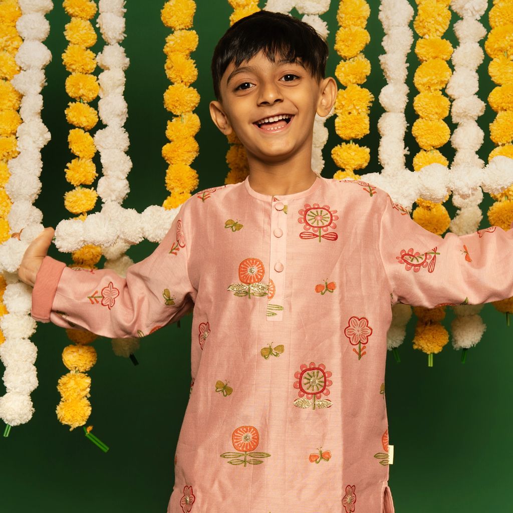 Chanderi Kurta Pyjama Set | Hand-Block Printed (Zardosi Booti Work)