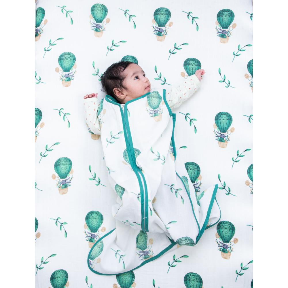 Theoni 100% organic cotton muslin Baby Sleeping Bag - Cappadocia Dreams Green