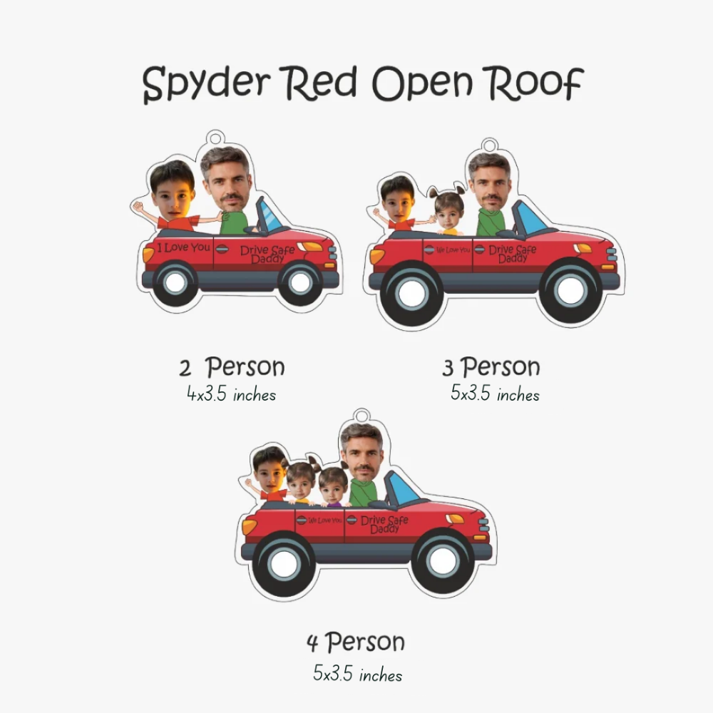 Red car with open roof personalized for 2, 3, and 4 people on a white background.
