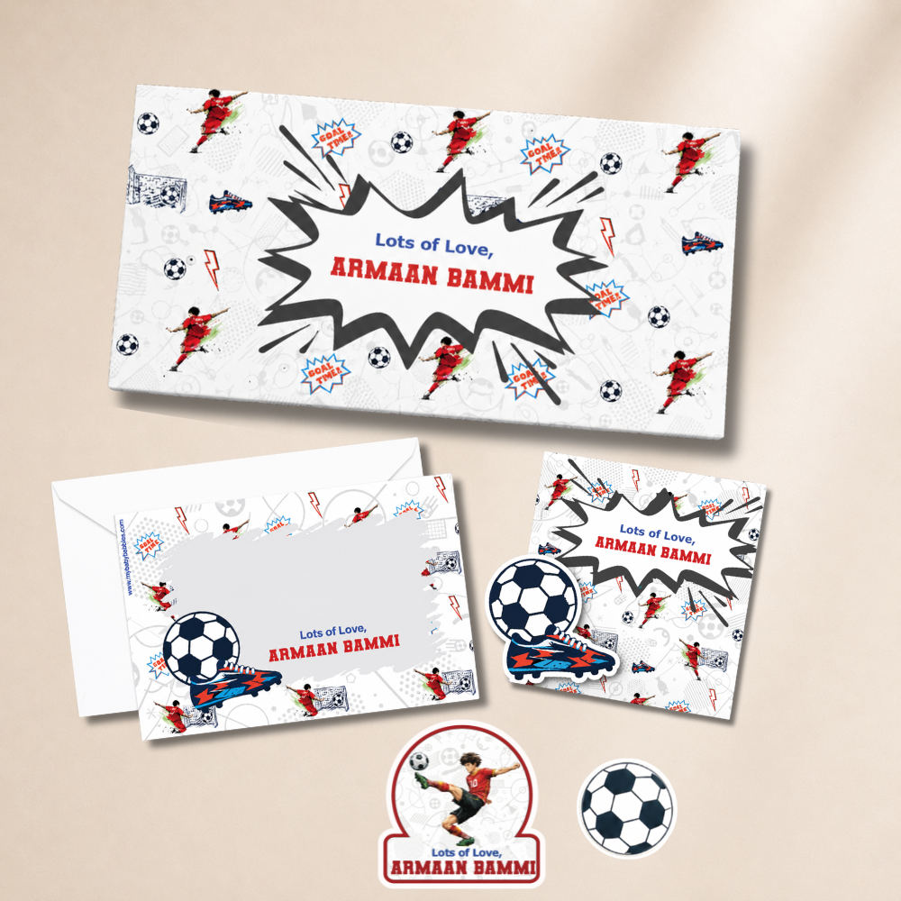 Children's stationery set with soccer theme on a beige background