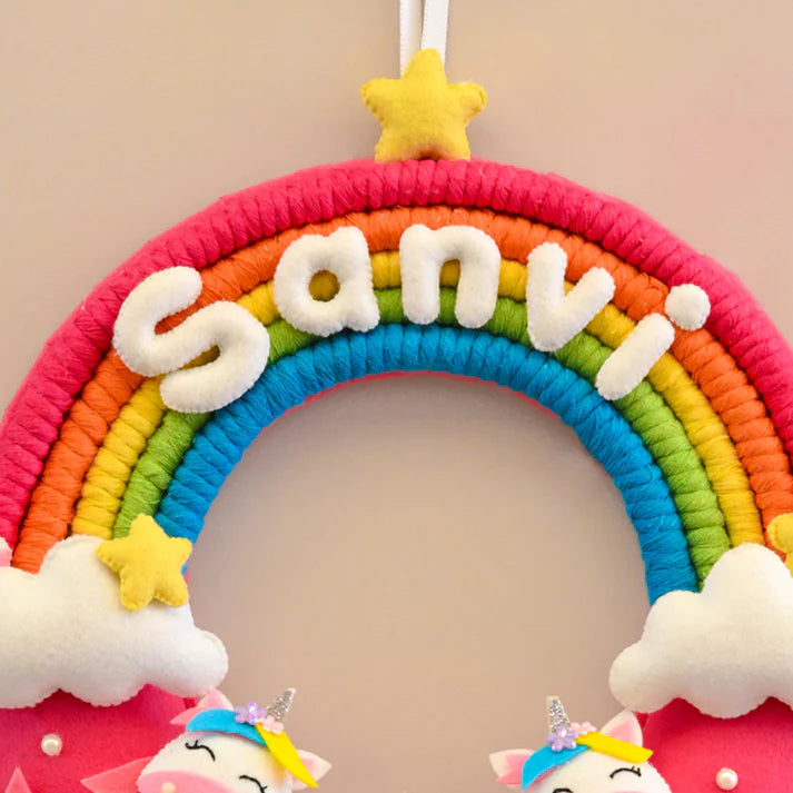 Junior Rainbow and Unicorn-Themed Custom Name Macrame Wreath