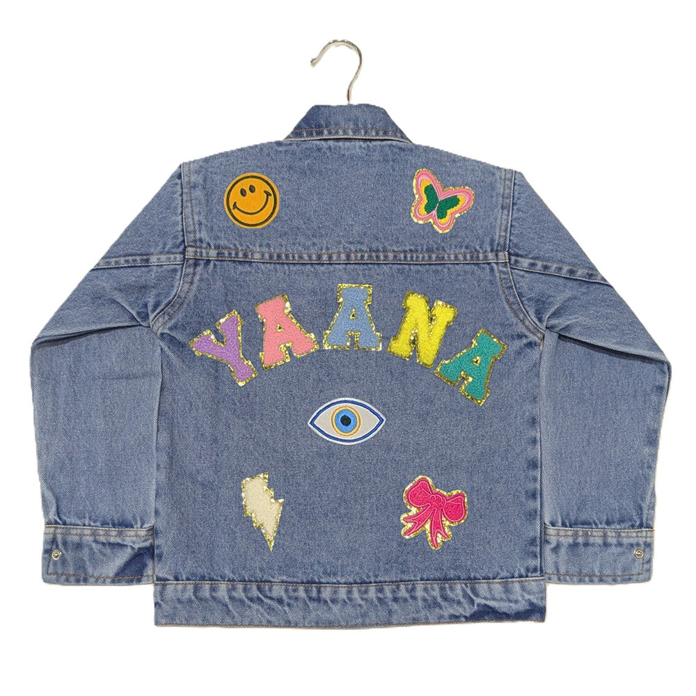 Custom Denim Jackets With Glitter Letter Patches - Light Blue