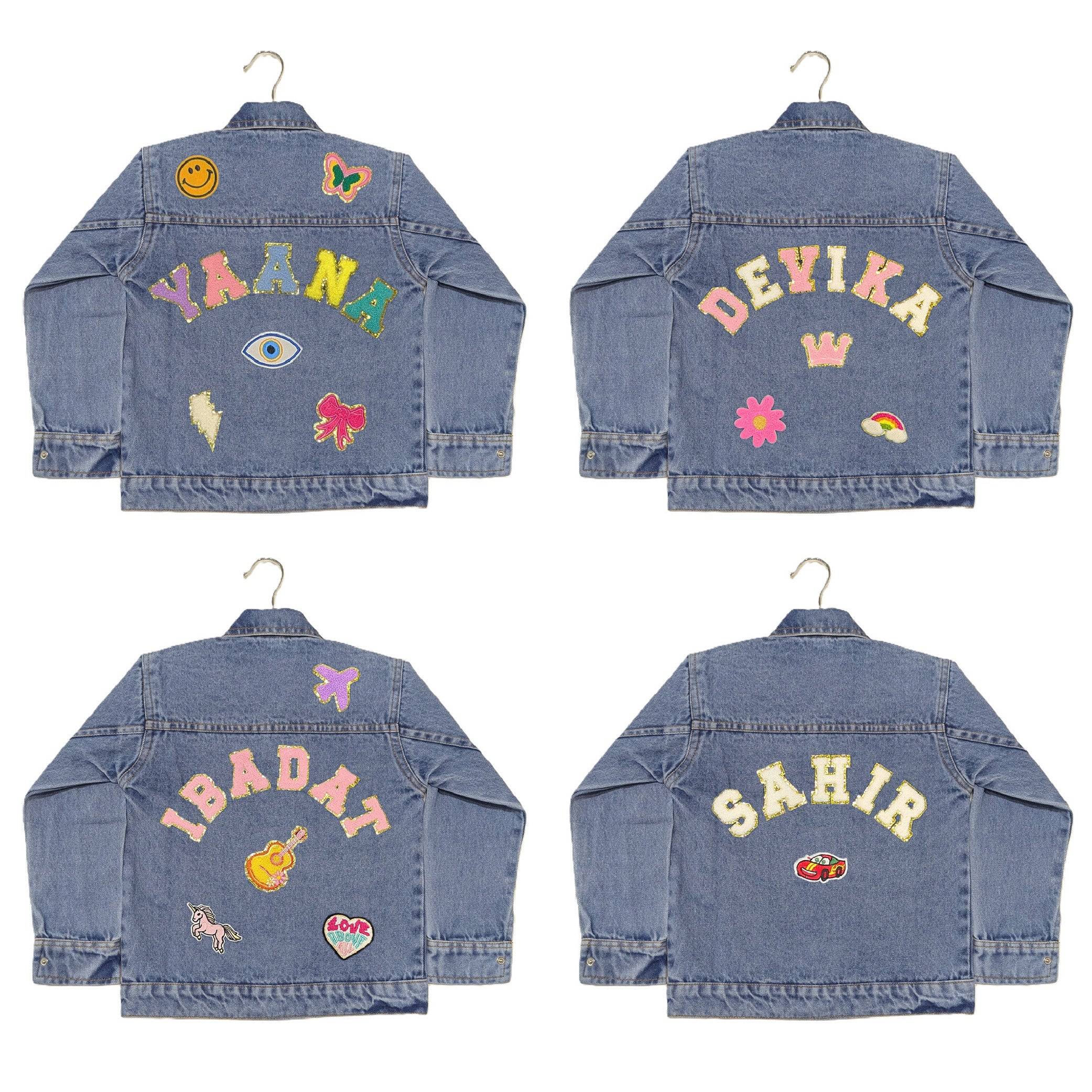 Custom Denim Jackets With Glitter Letter Patches - Light Blue